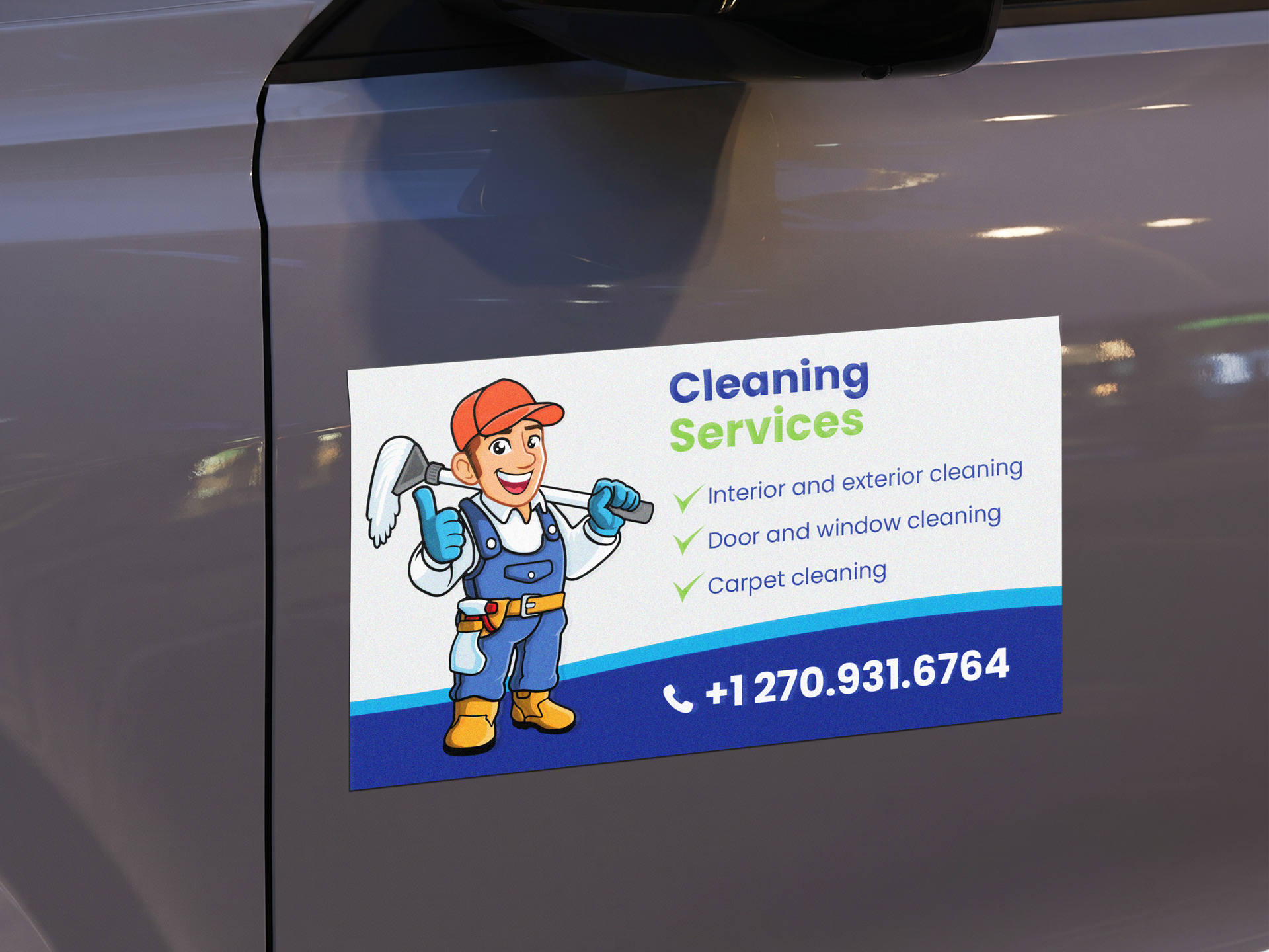 Reflective auto decal-sticker featuring cleaning service business logo.