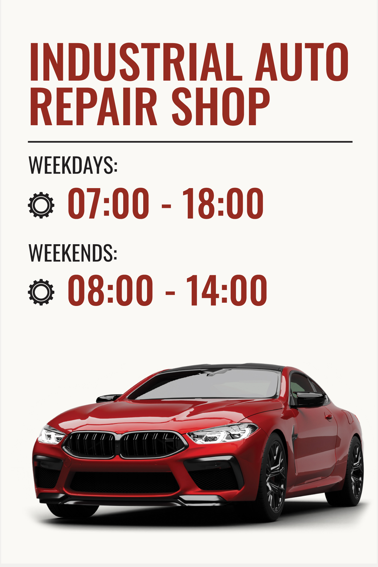 Auto repair shop business hour signage template with a sports car photo.