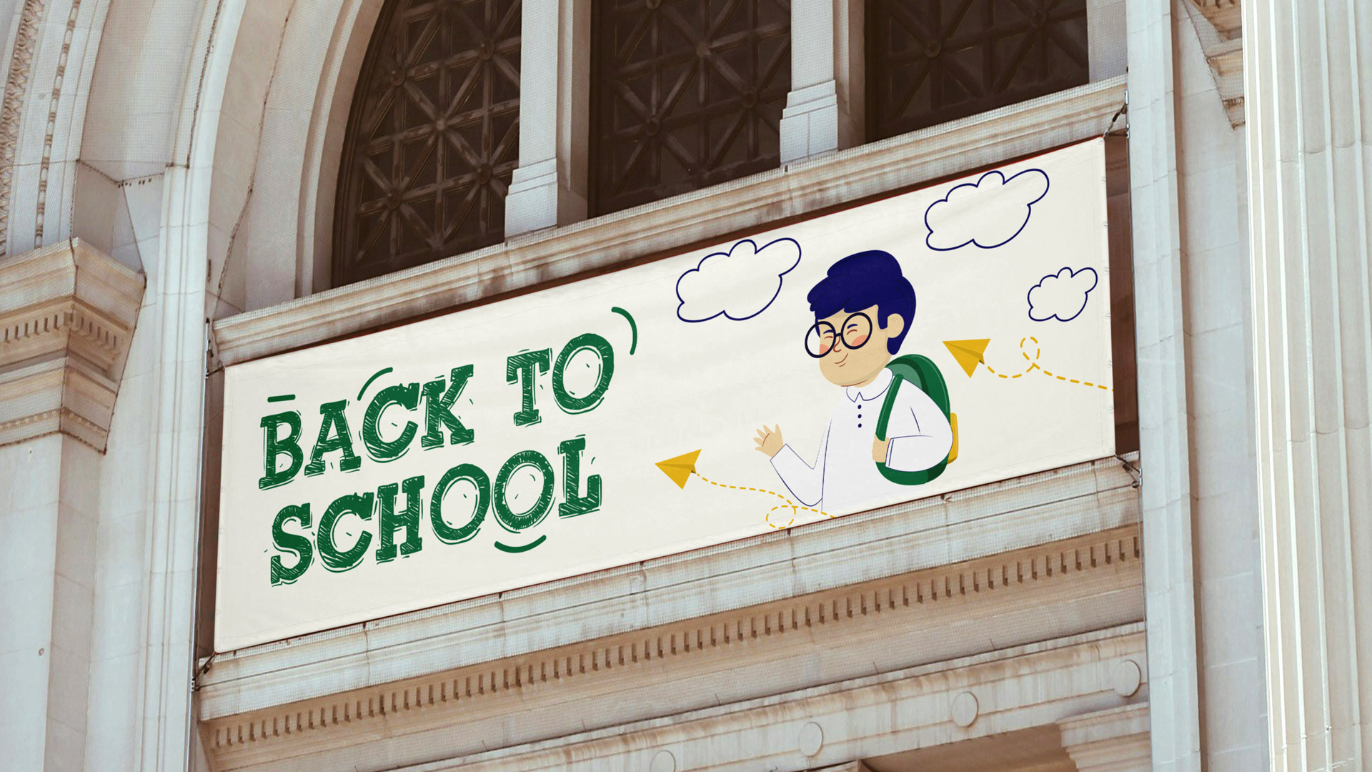 Back to school fabric banner installed outdoors.