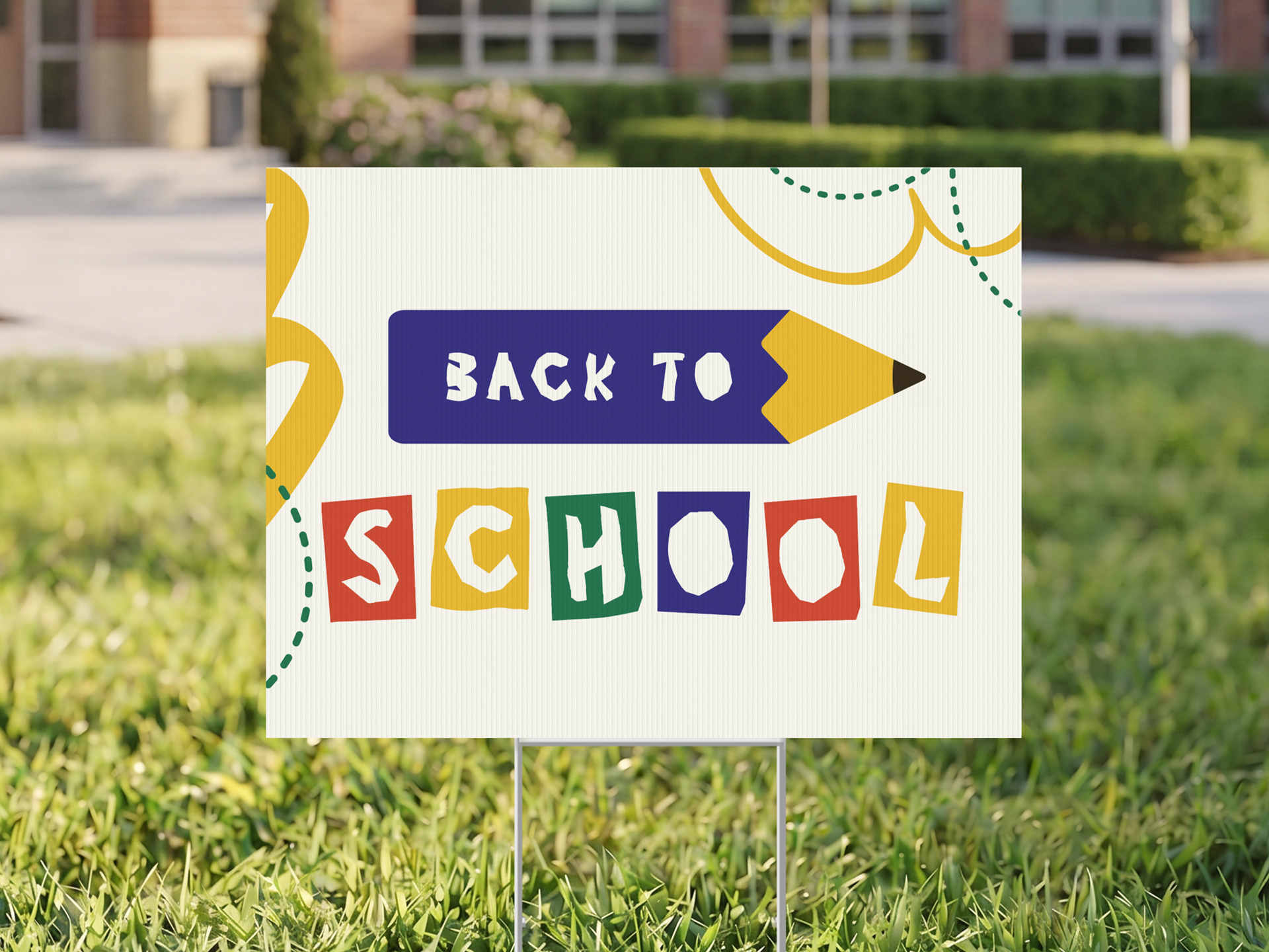 Back to school white yard signage with colorful design.