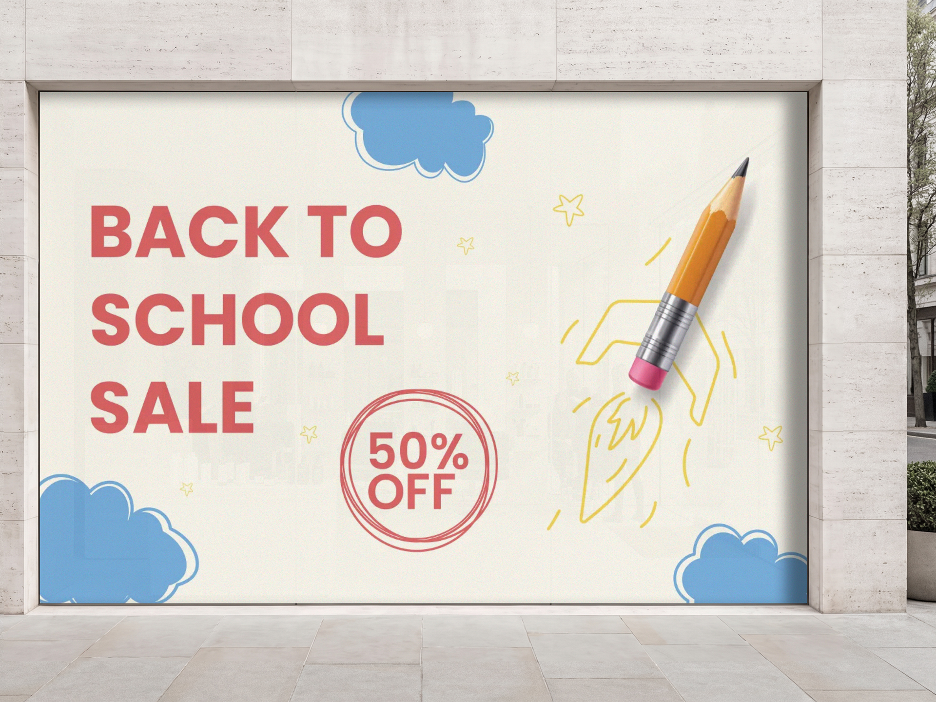 Storefront window decal advertising back to school sales.