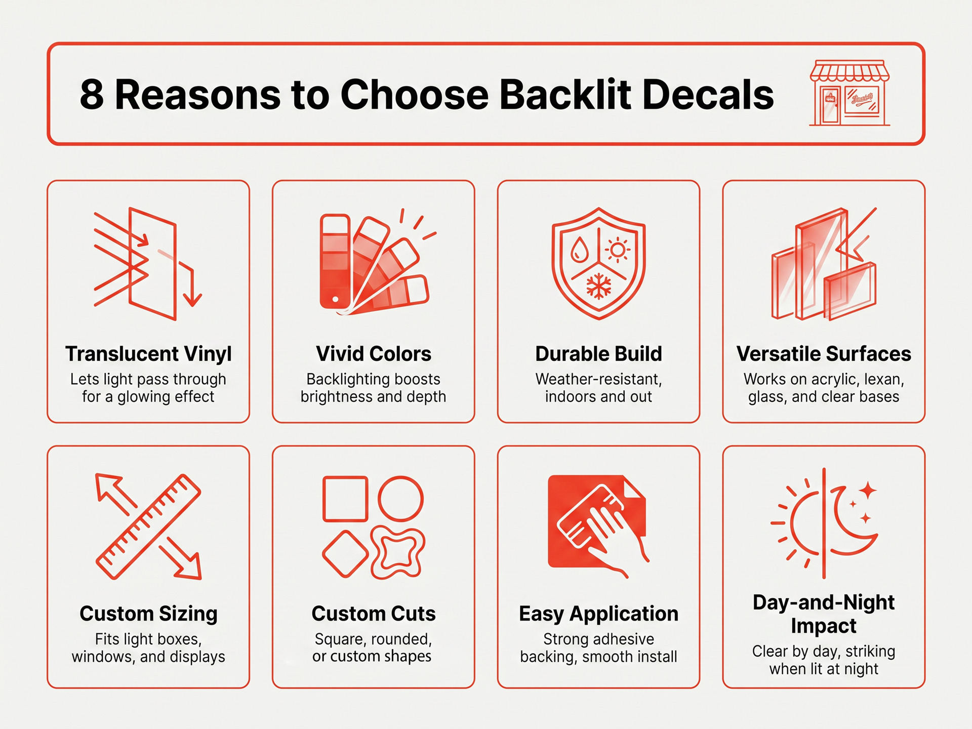 Features of custom backlit decals.