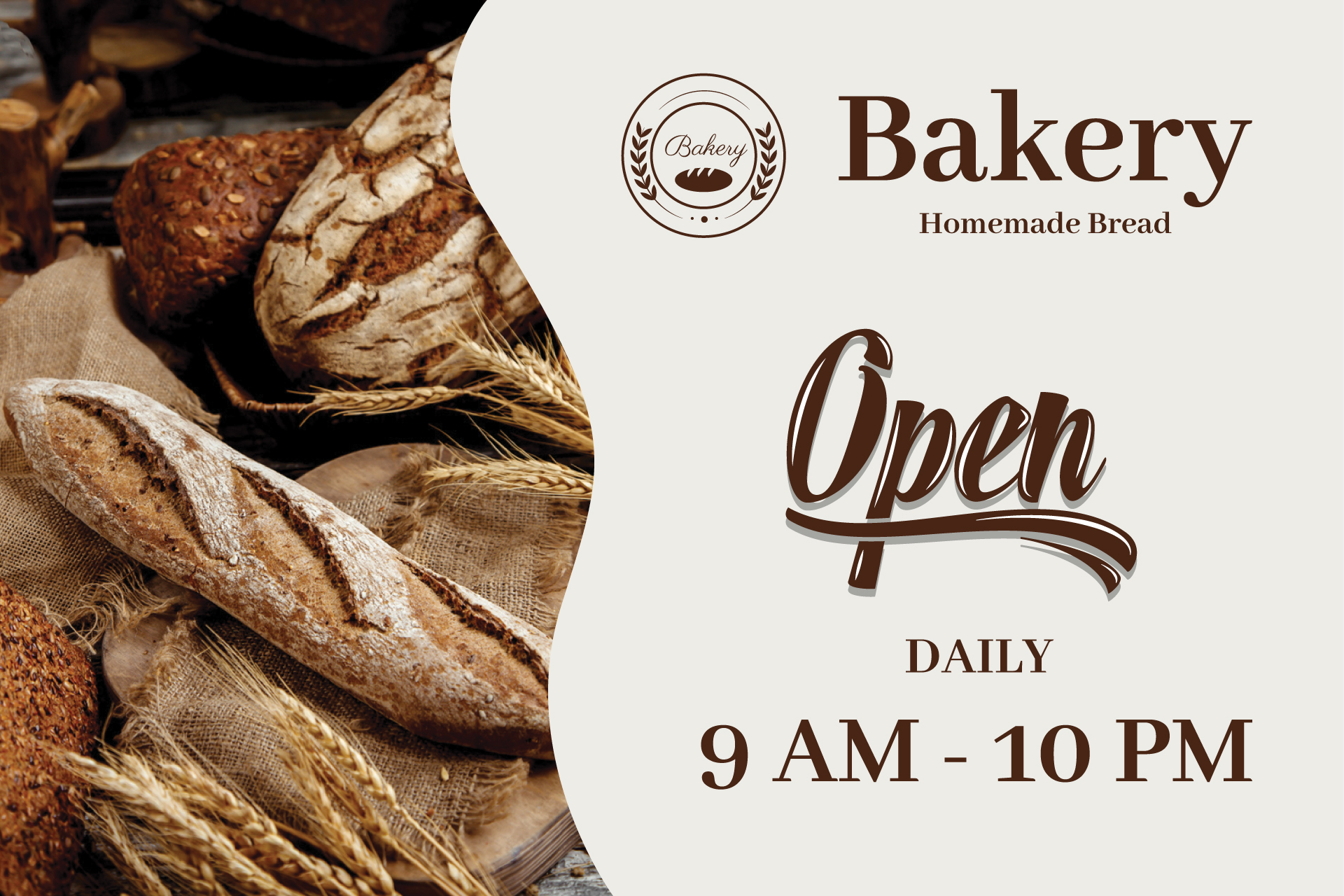 Bakery-themed sign template with bread photography and daily open hours.