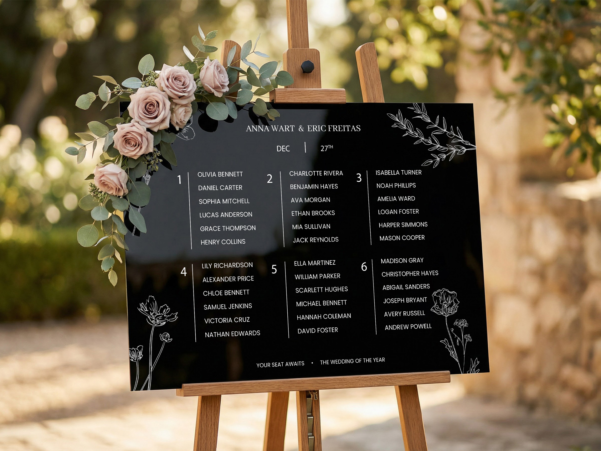 Black seating chart displayed in an outdoor setting