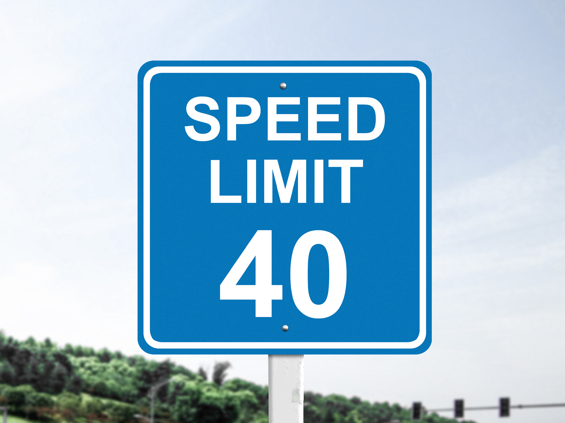 Blue metal sign reporting speed limit for the road.