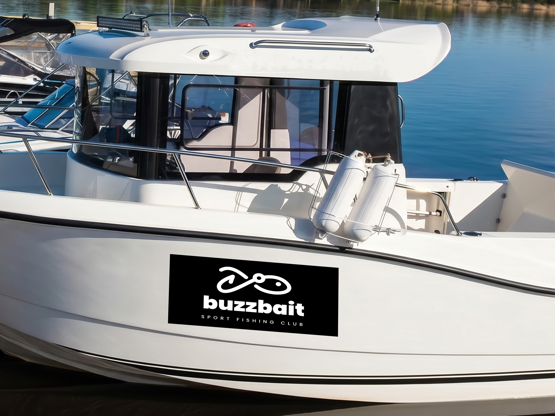 A black fishing club decal displayed on the side of a docked boat.