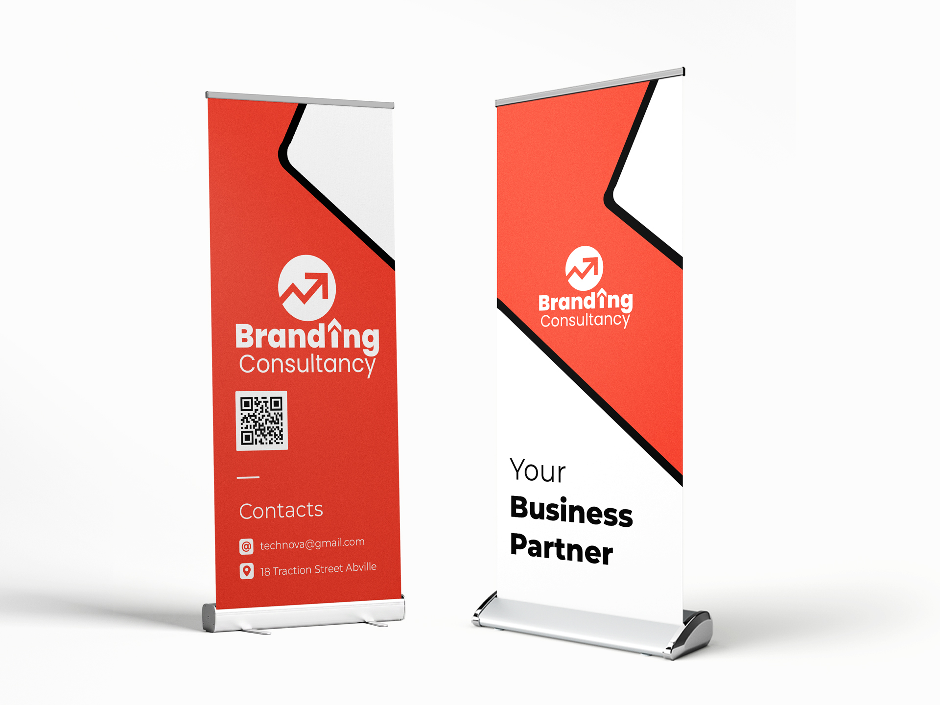 Business retractable banners showcasing company branding and contact information.