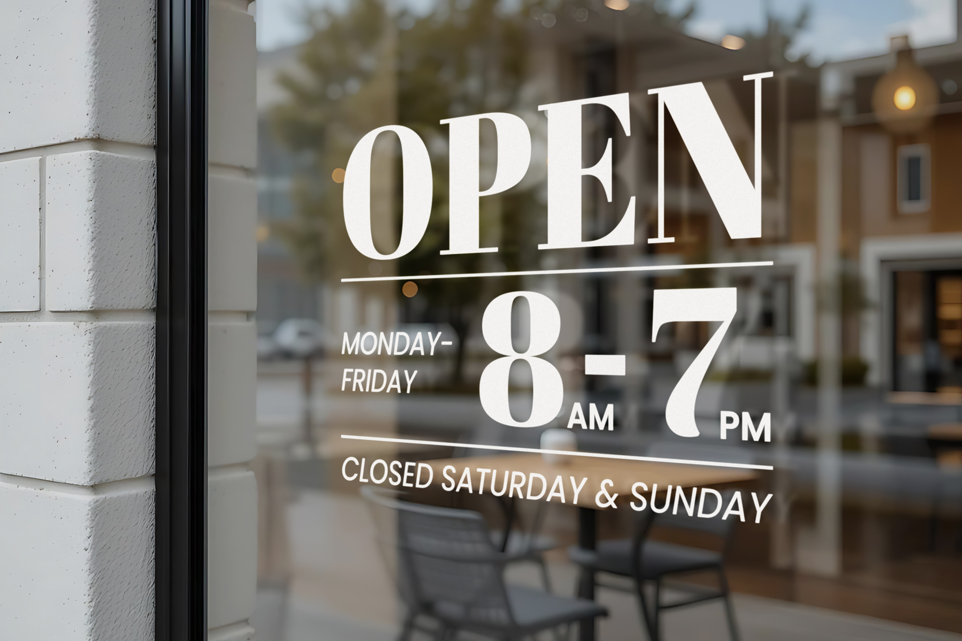 Vinyl lettering featuring business hours.