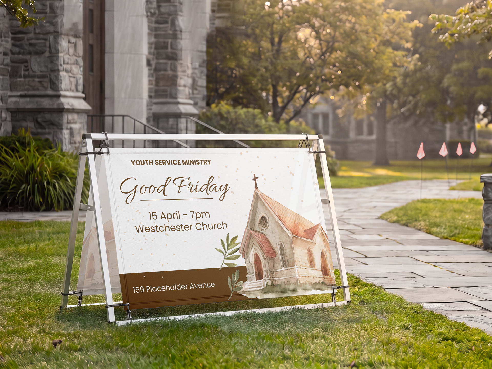 Outdoor a-frame banner for a church with Good Friday details.