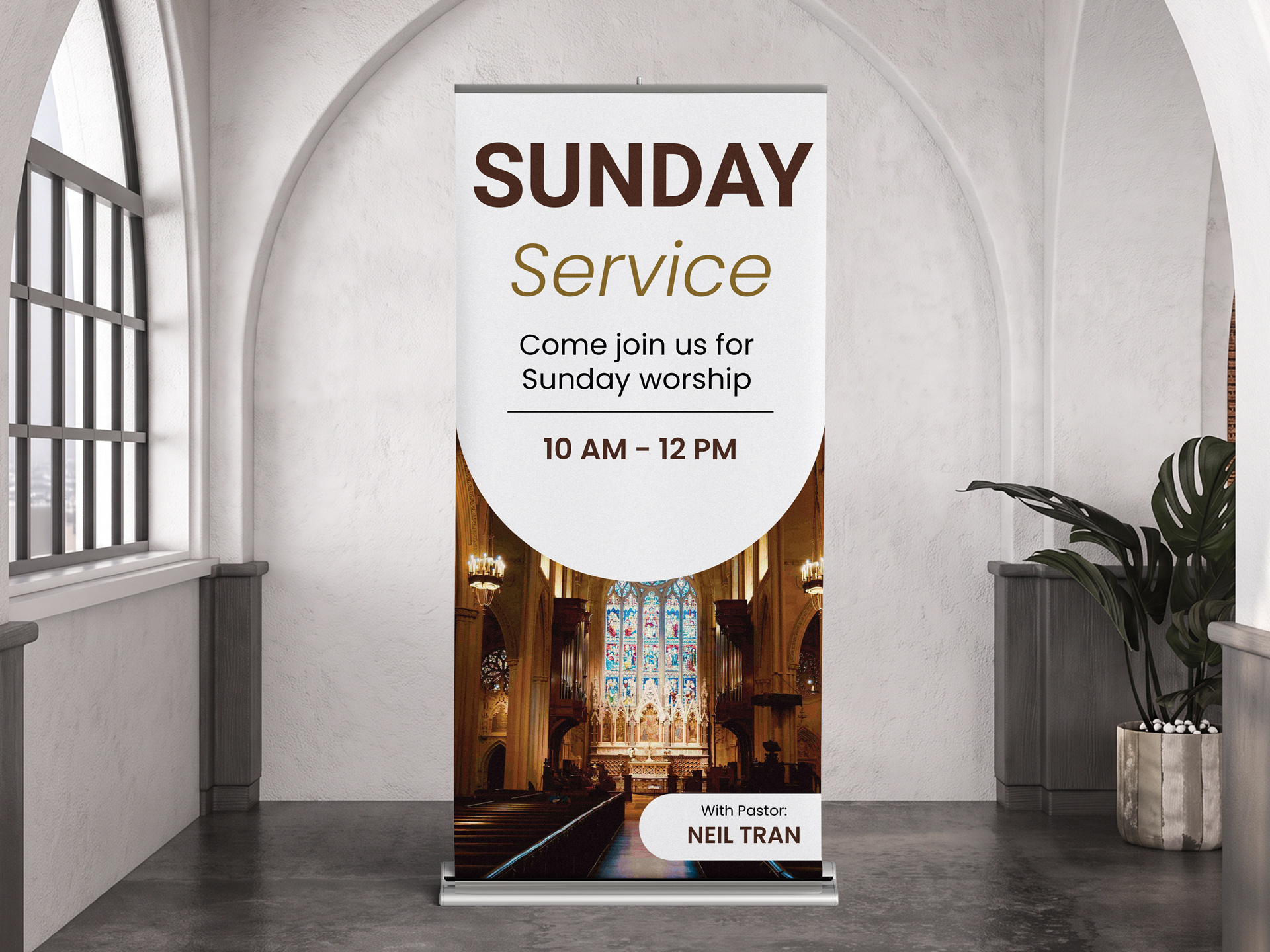 Large retractable banner printed for a church communicating Sunday service information.