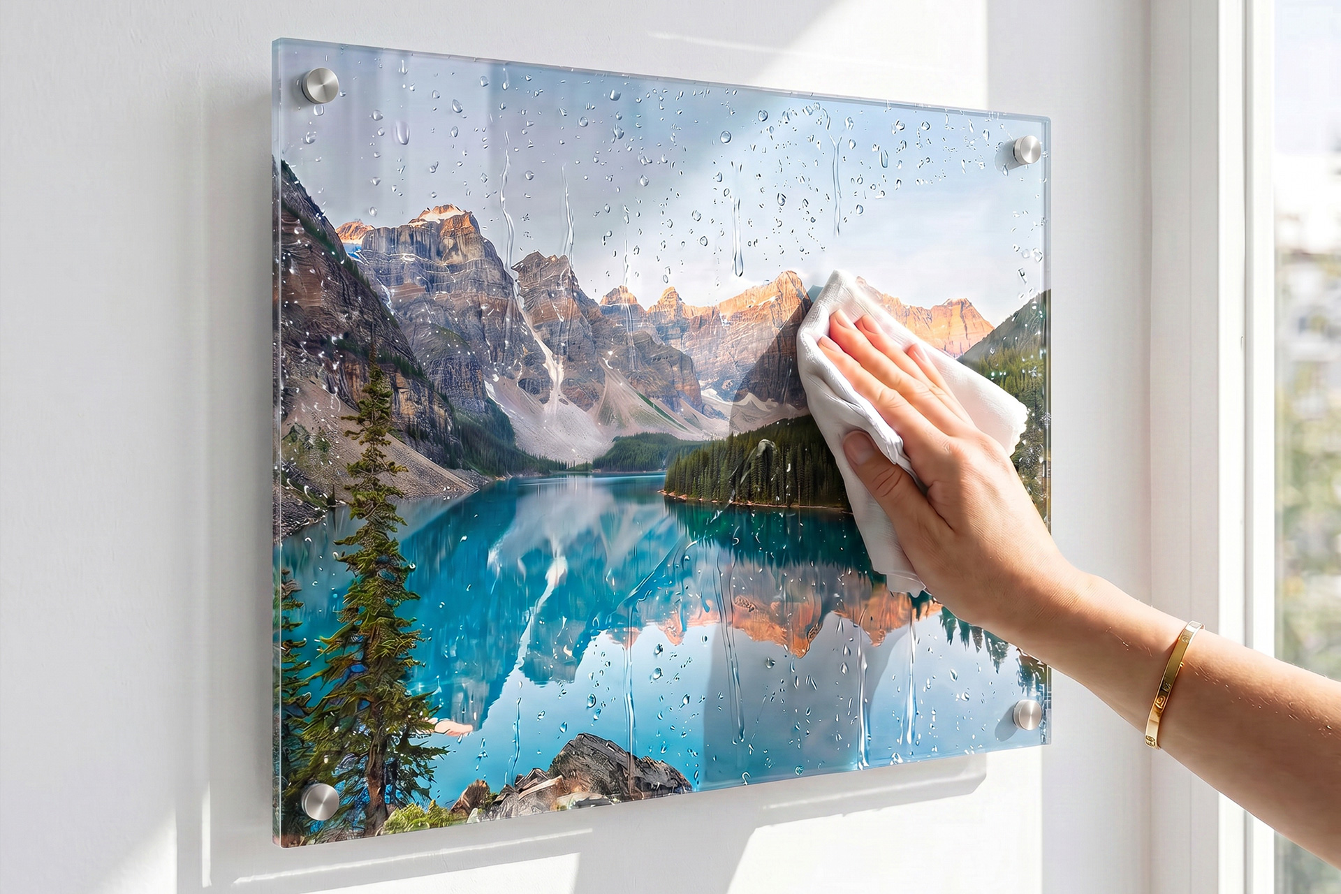 Wiping water droplets off a mountain landscape acrylic photo print with a white cloth.