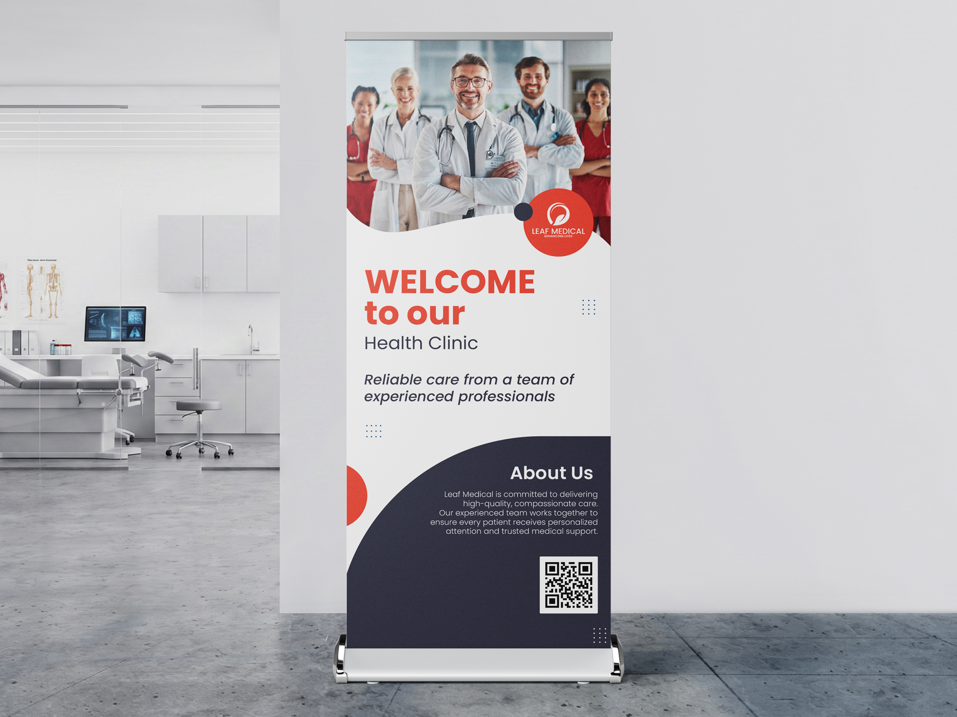 Retractable banner printing installed in a clinic showing a welcoming message.