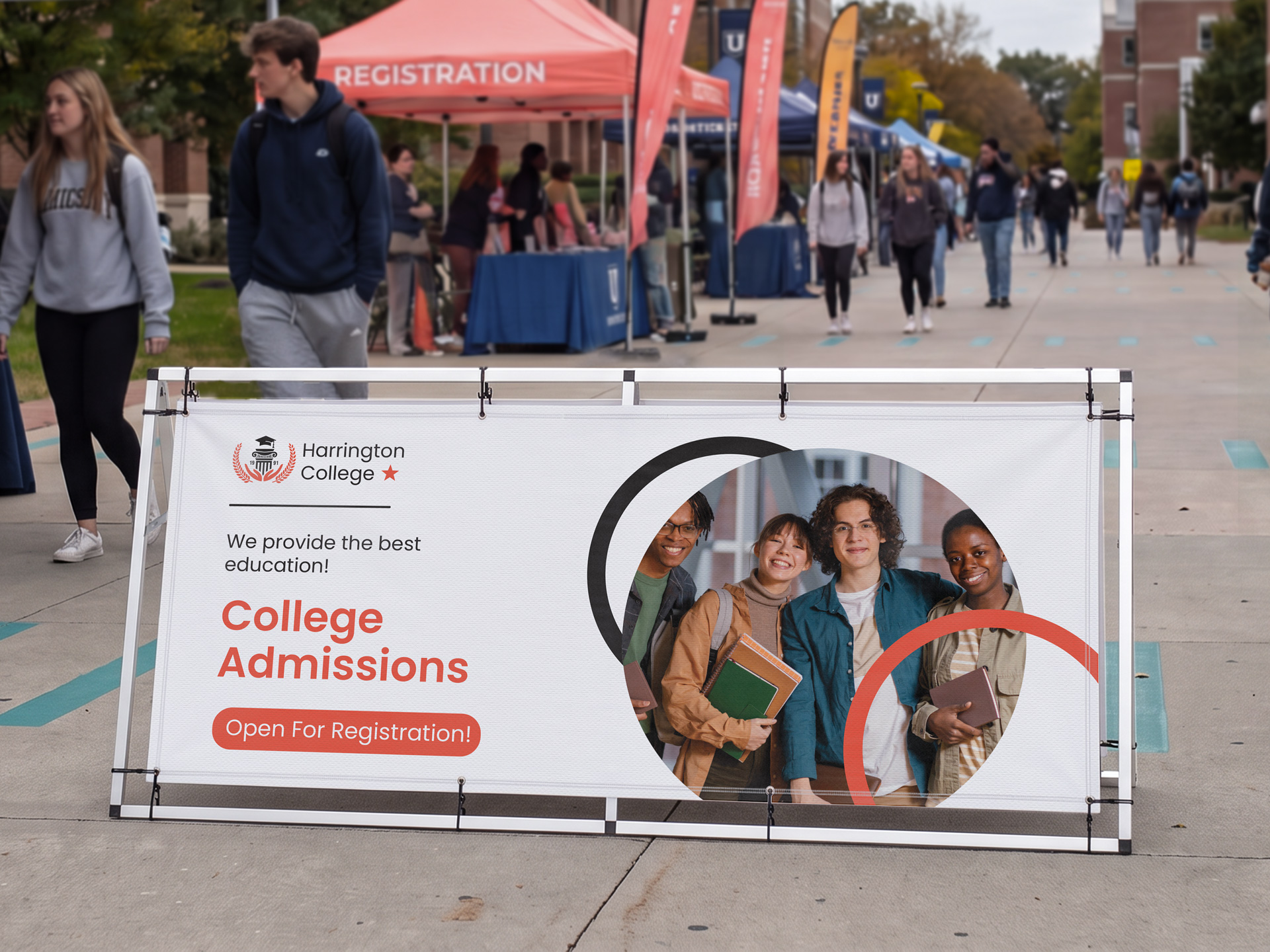 A-frame banner stand for college admissions, shown on campus with student photos and a sign-up message.