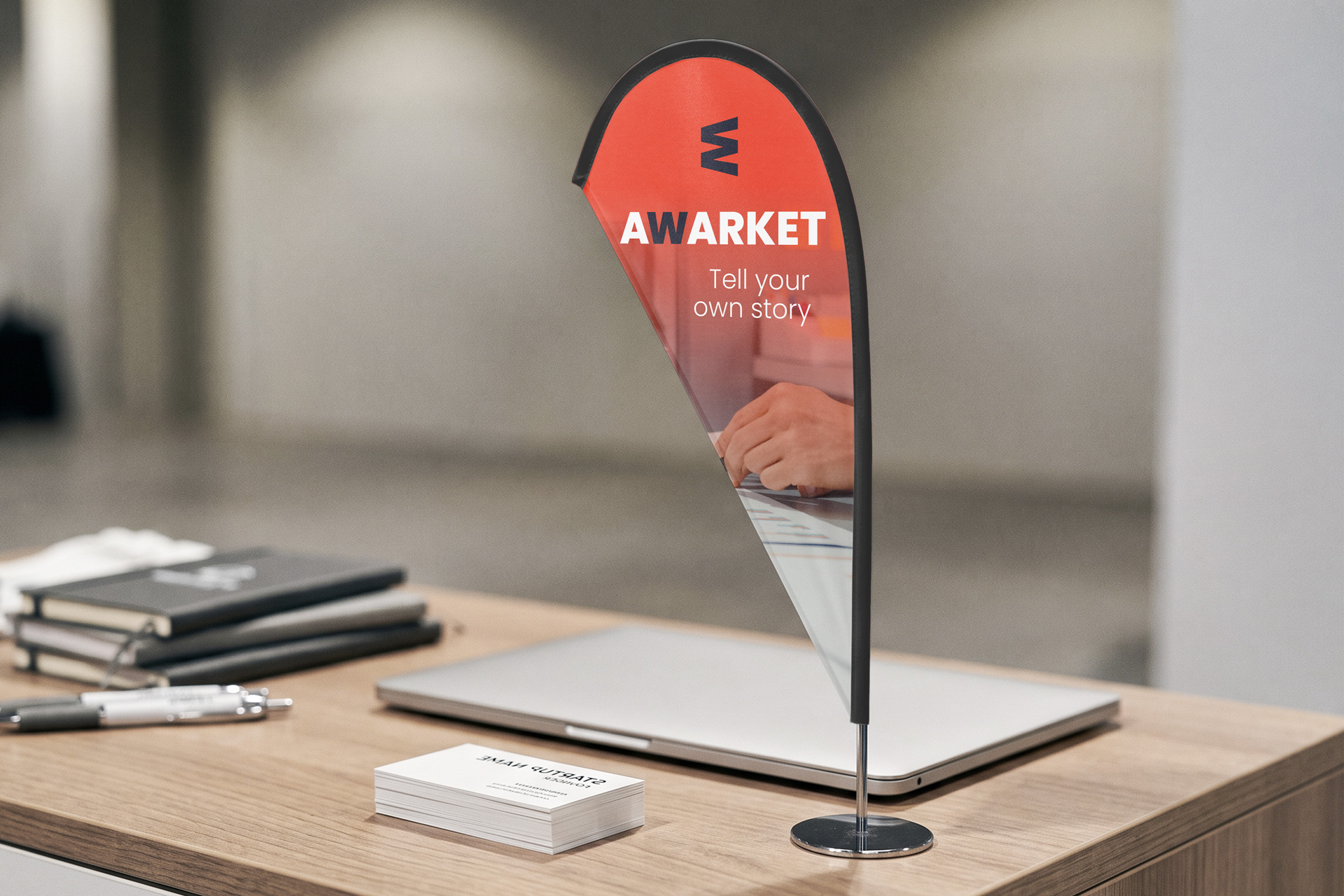 Company logo desktop teardrop flag featuring business tagline.