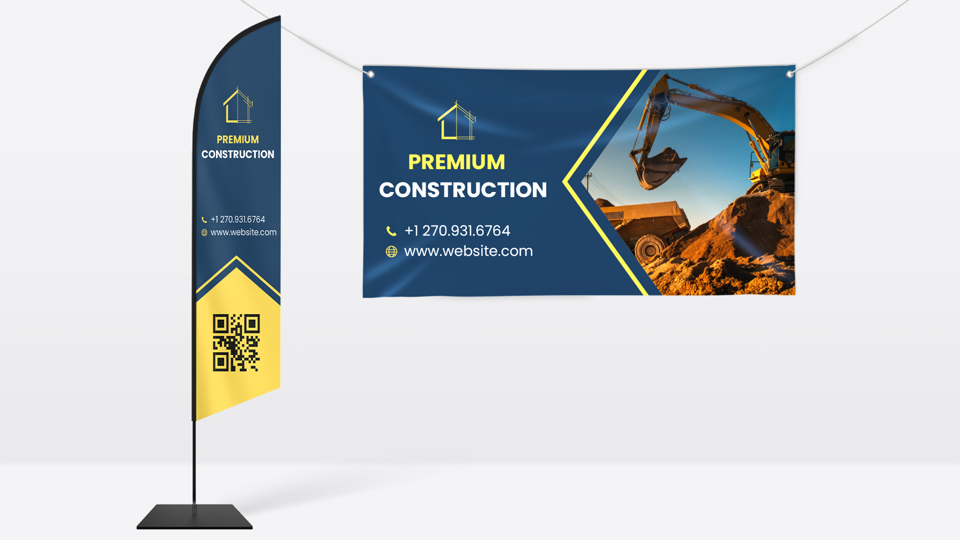 A feather flag and vinyl banner showcasing a company's branding.