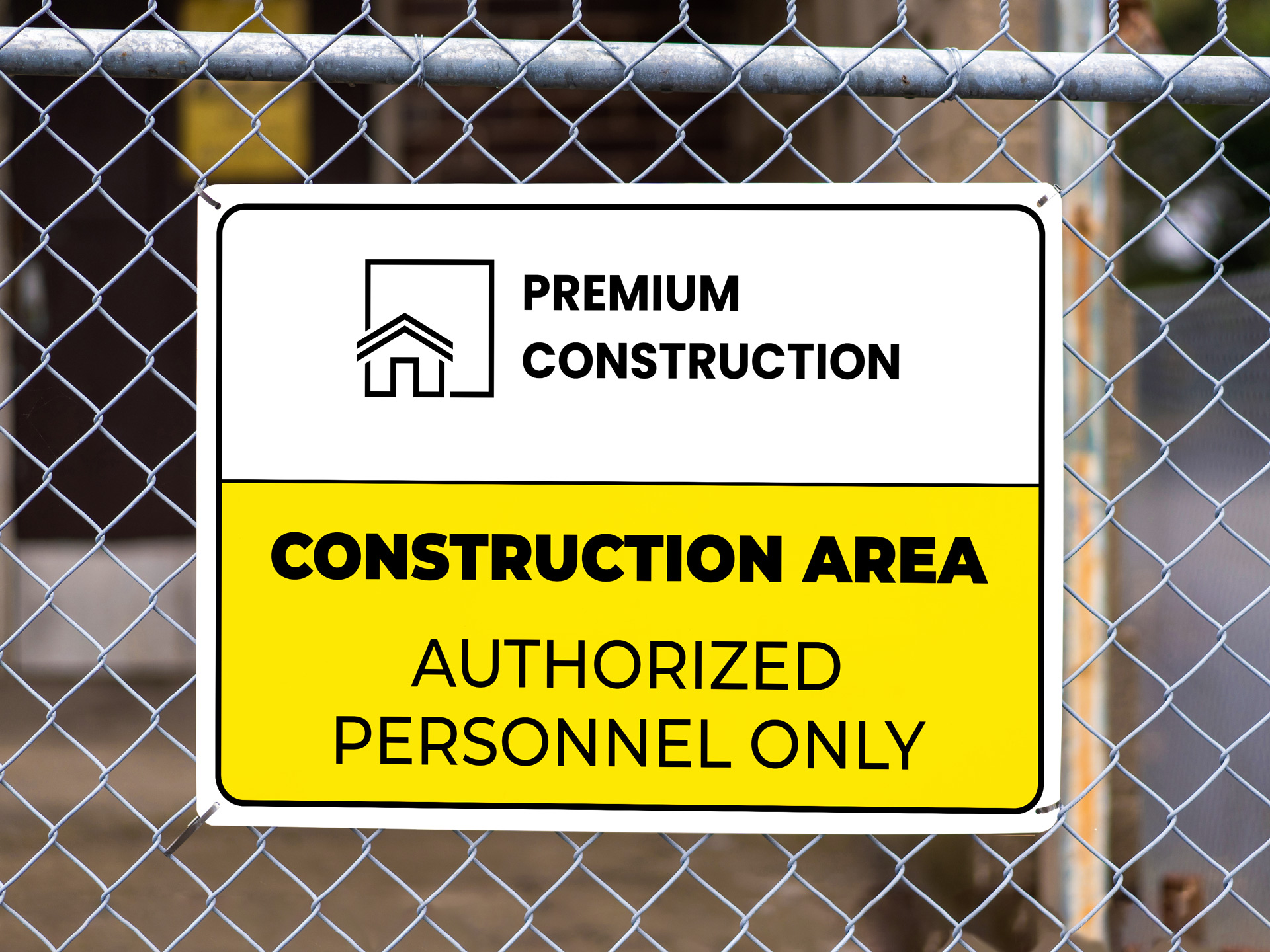 Construction area authorized personnel only safety sign on chain link fence