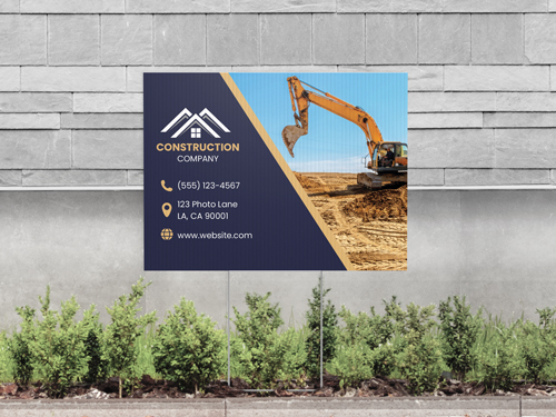 Construction company yard sign depicting an image of an excavator.