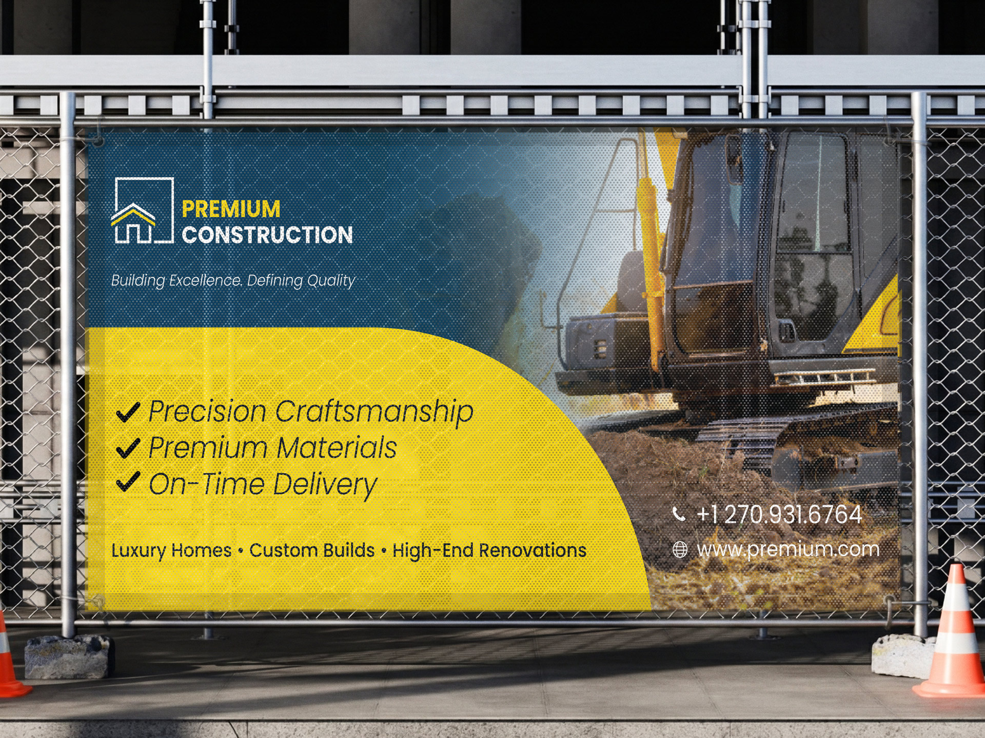 A mesh banner attached to a fence displaying a company's branding along with the services it offers.