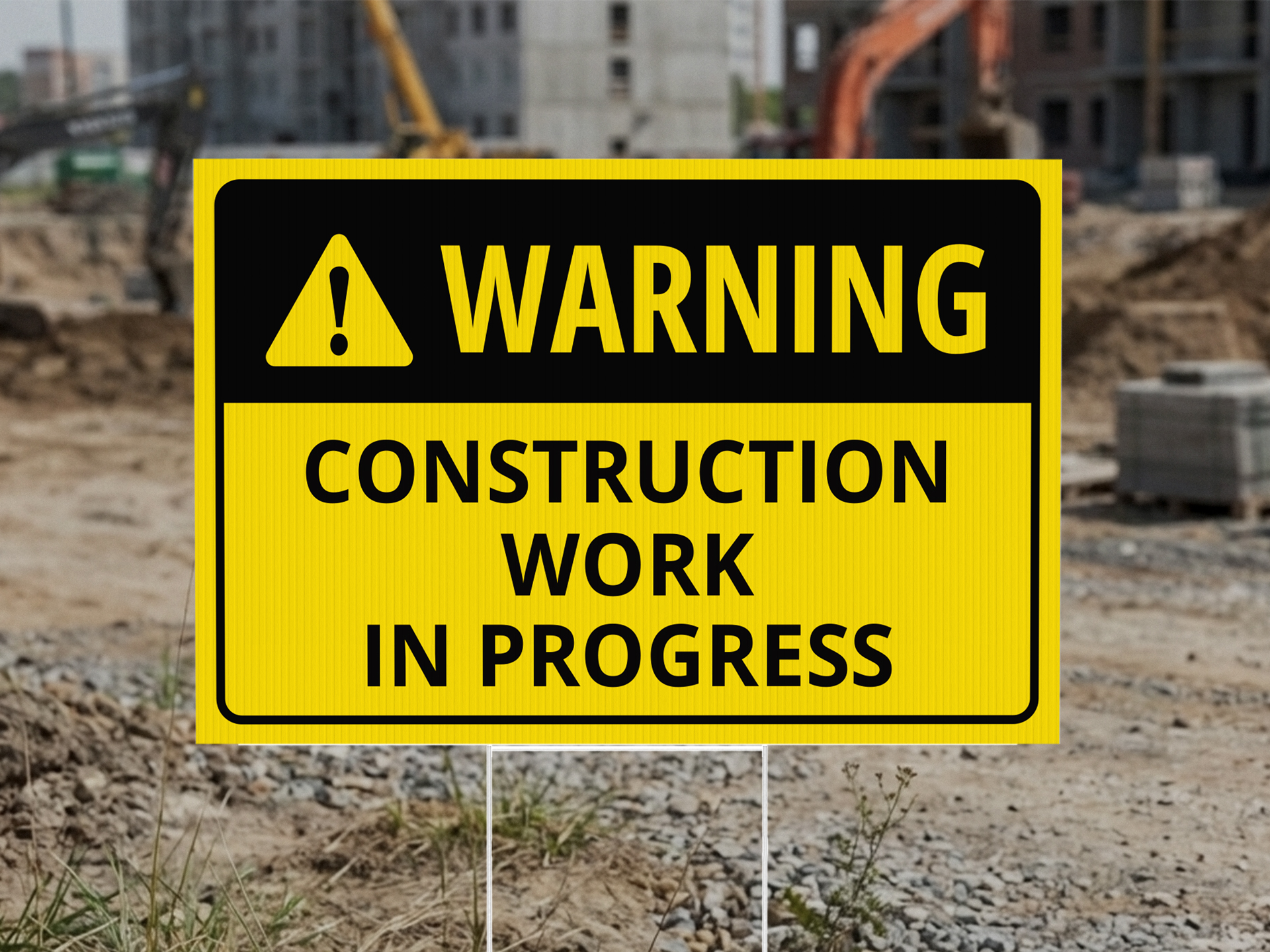 Black and yellow construction work in progress warning sign on an H-stake.