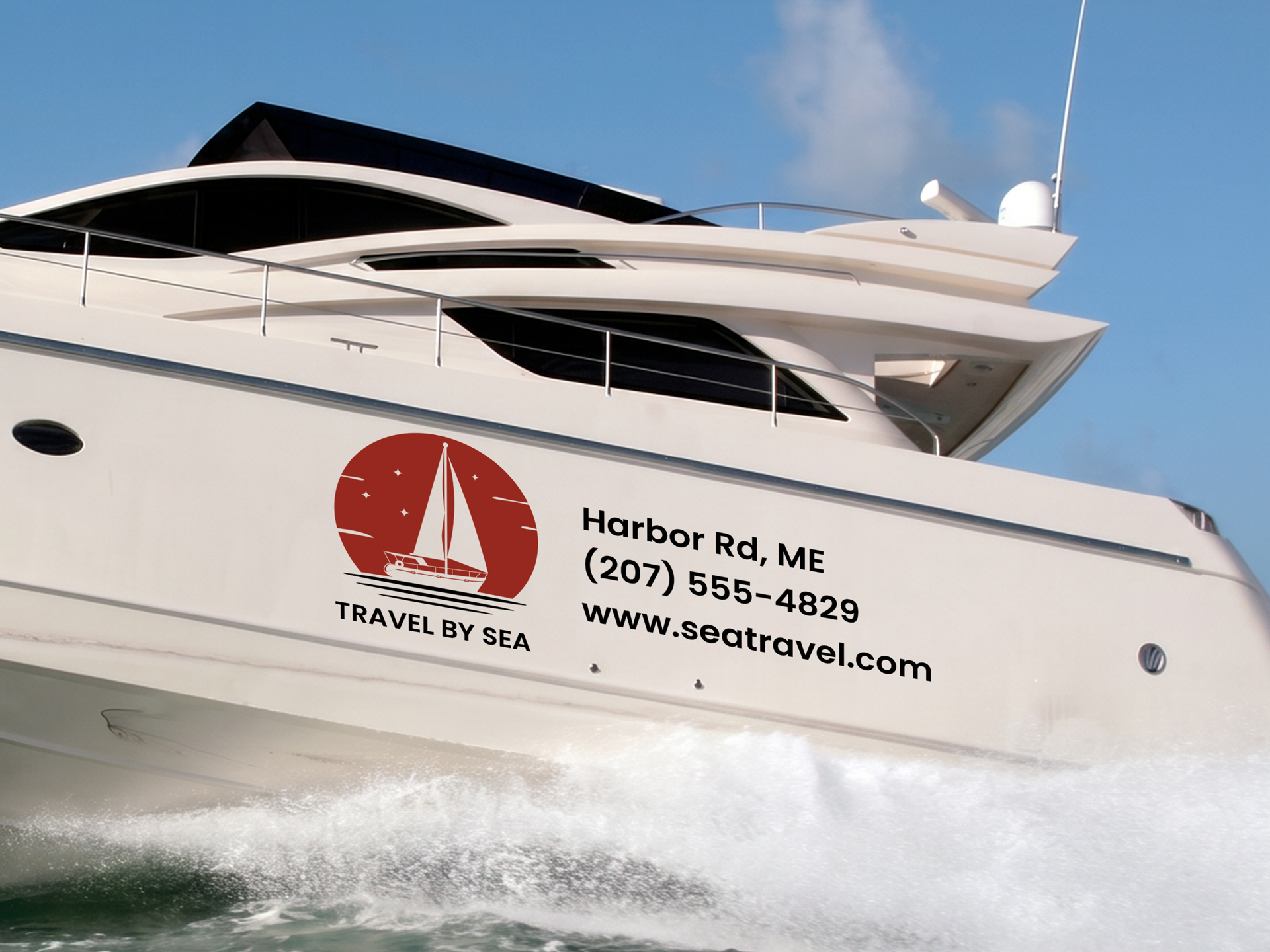 Vinyl boat lettering featuring a company logo, address, phone number on a yacht's hull.