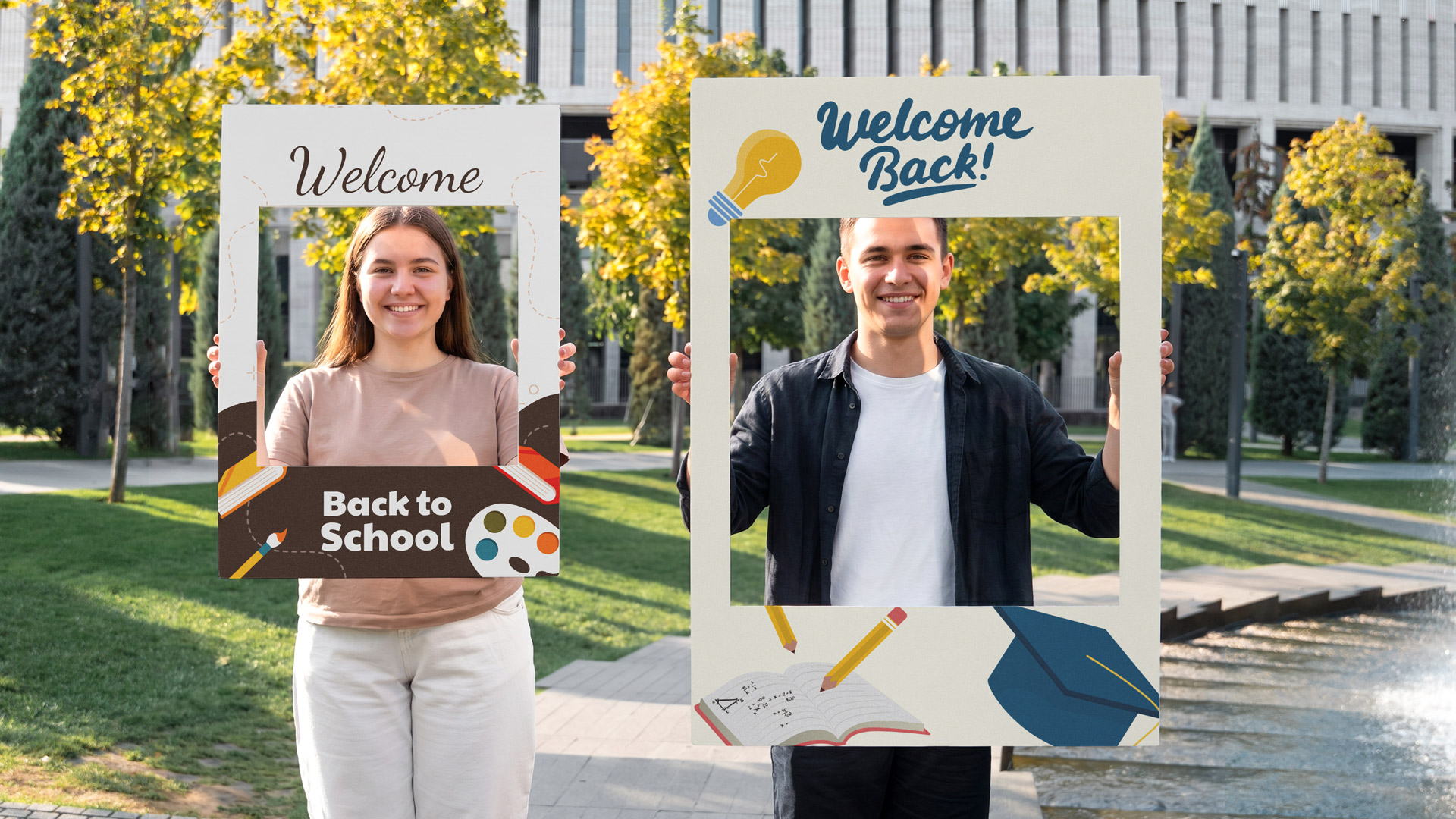 Custom-printed selfie frames with back to school messaging.
