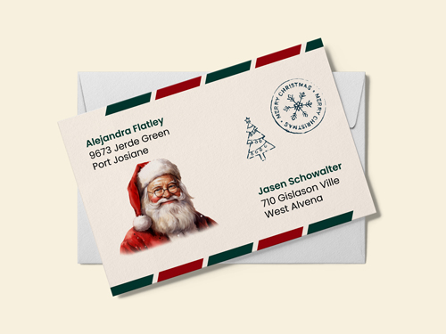 Christmas envelope design featuring Santa illustration, festive borders, and decorative holiday stamps.
