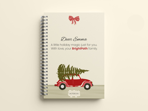 Christmas gift notebook with car carrying a holiday tree and personalized holiday message on the cover.
