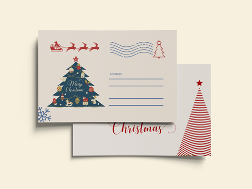 Christmas postcards with illustrated holiday trees, Santa’s sleigh, and decorative postage elements.