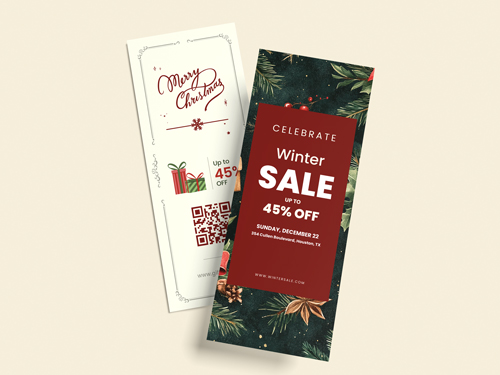 Set of Christmas-themed rack cards promoting winter sale discounts with festive illustrations and QR code.