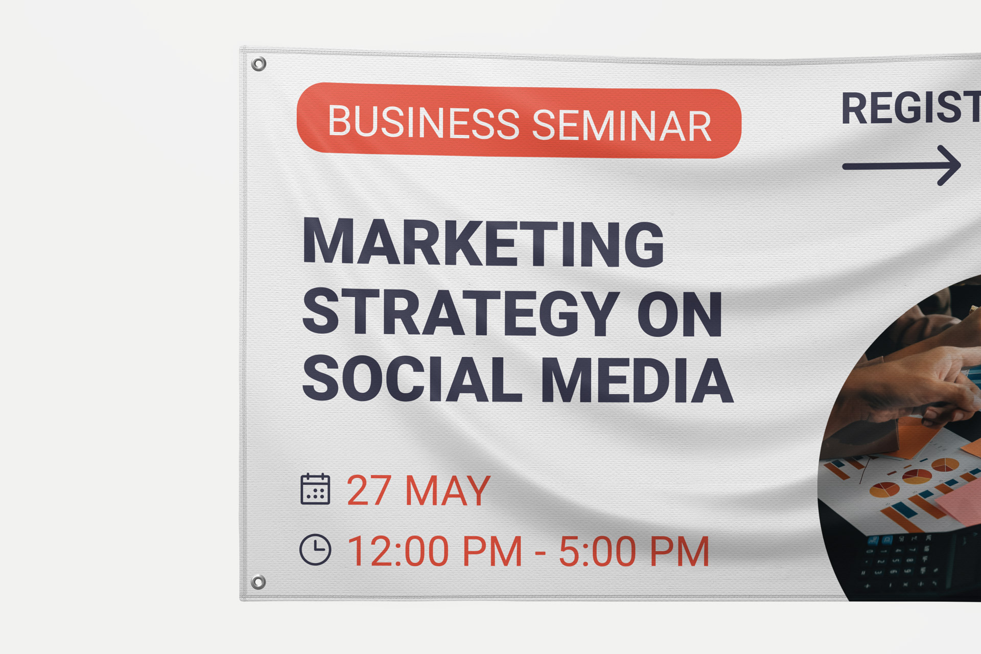 Custom-made vinyl banner for business seminar advertising.
