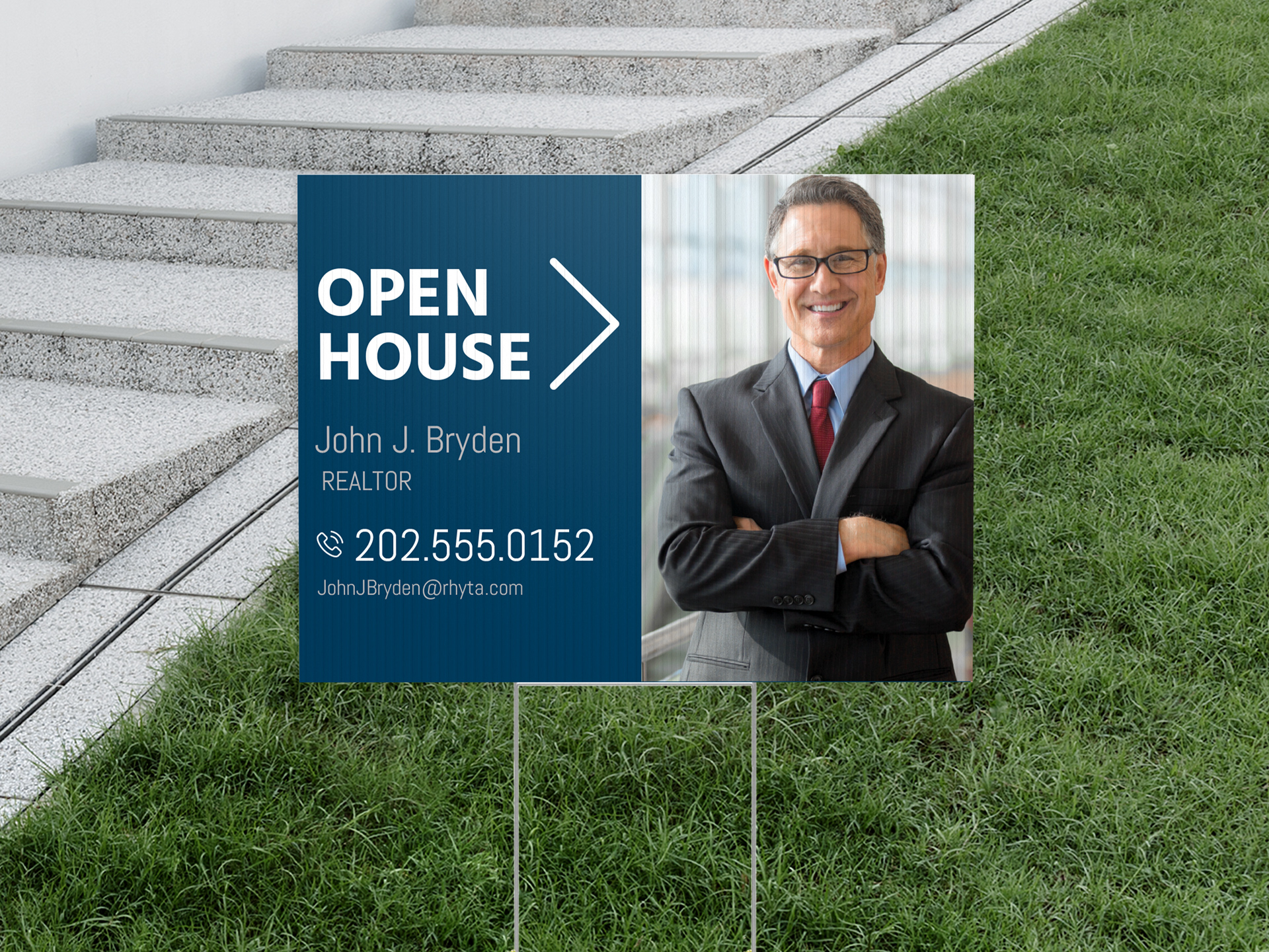 Open house realtor photo and contact information sign