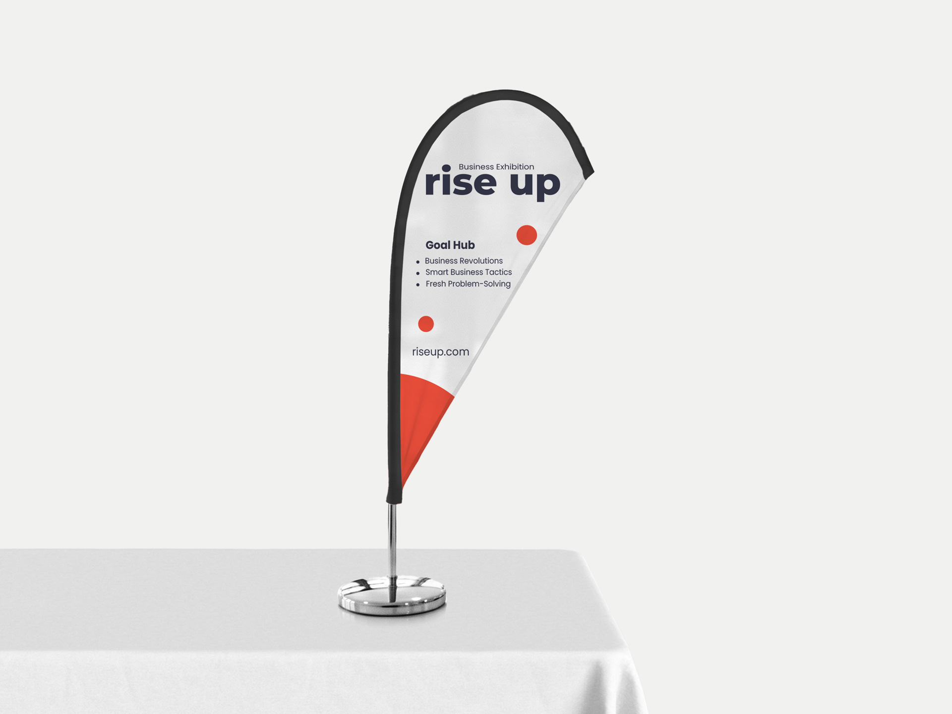 Desktop teardrop flag featuring a company logo, website, and services.