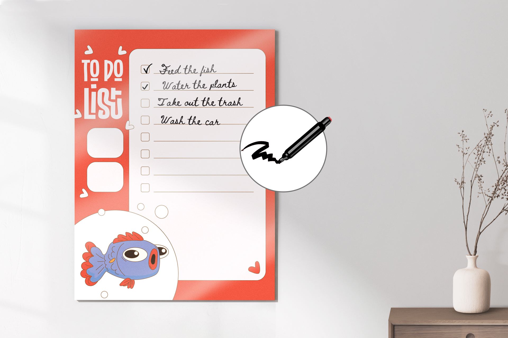 Custom-printed dry-erase foam board sign applied to a wall.