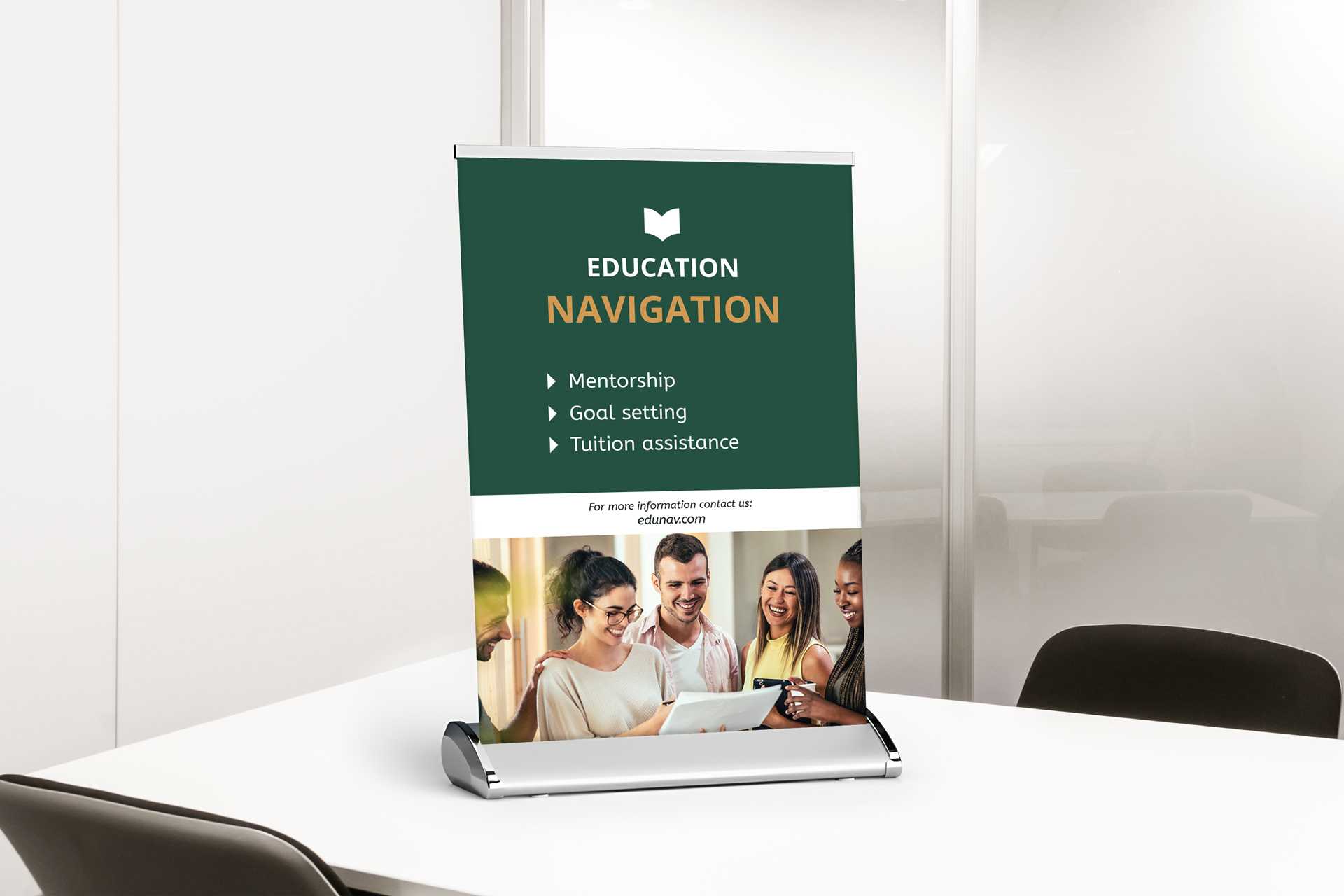 School campuses tabletop retractable banner for students' navigation, installed indoors.