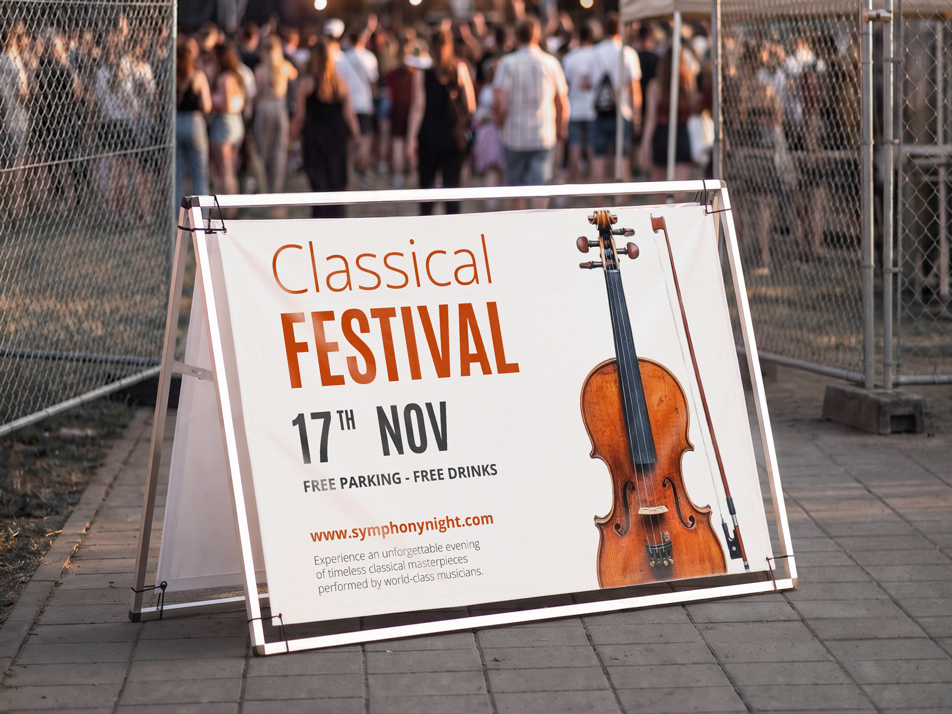 A-frame banner advertising a classical music festival details.