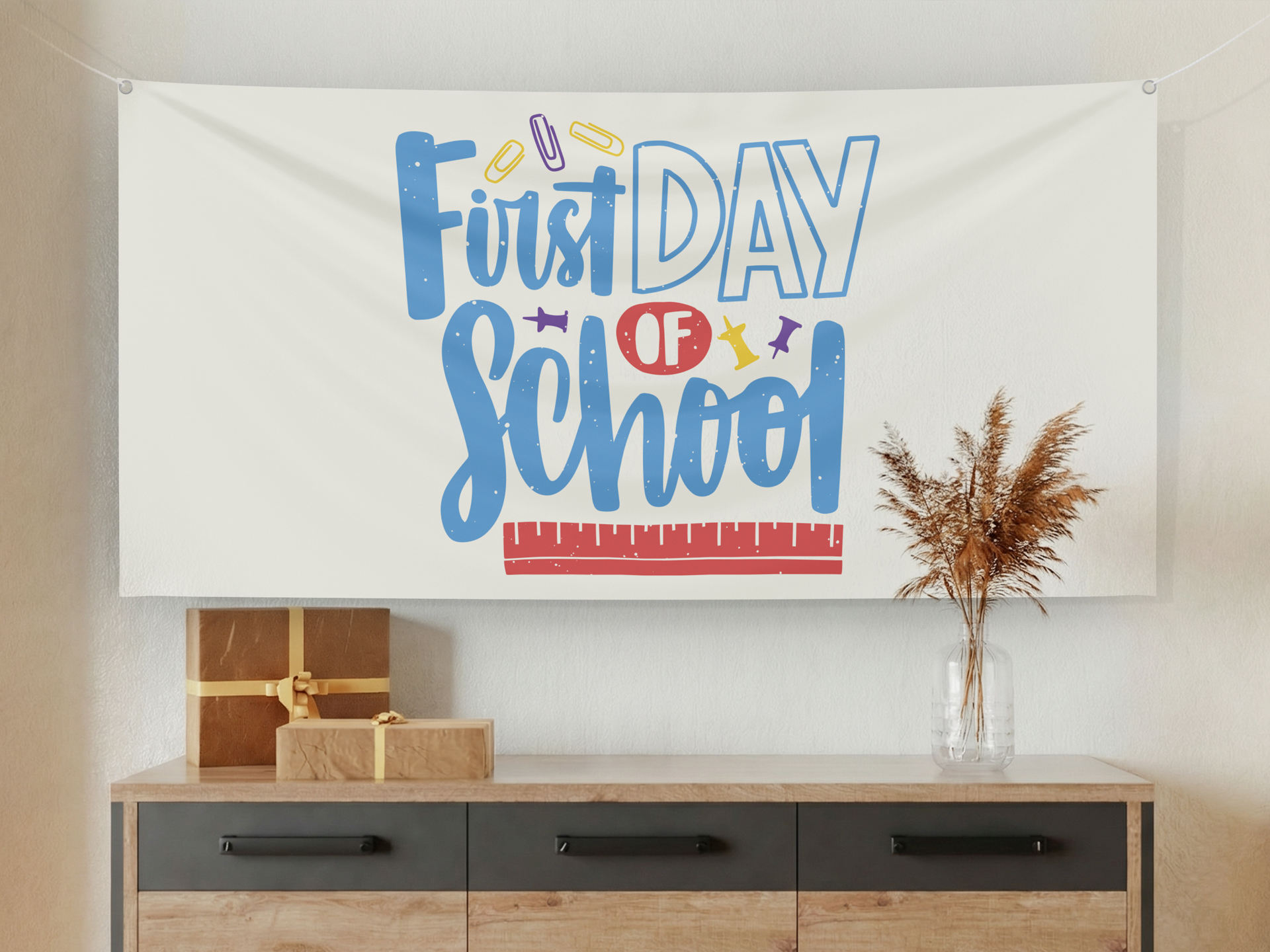 Hanging fabric banner, printed for first day of school.