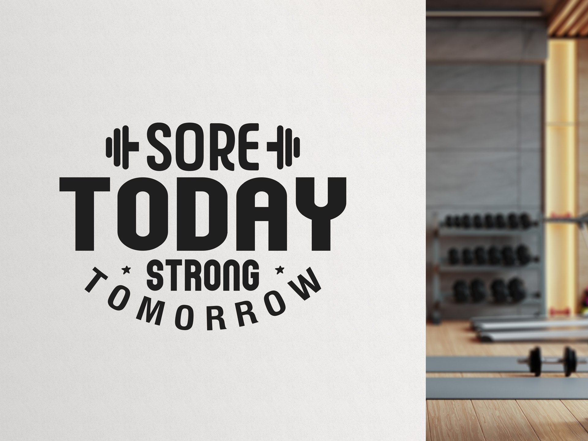 Custom-made wall lettering installed in a gym with motivational messaging.