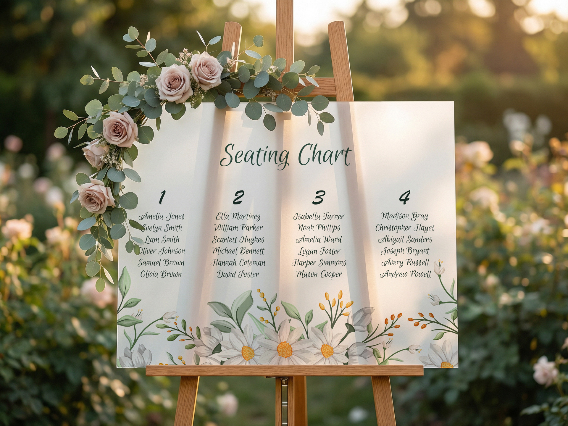 White frosted wedding seating chart