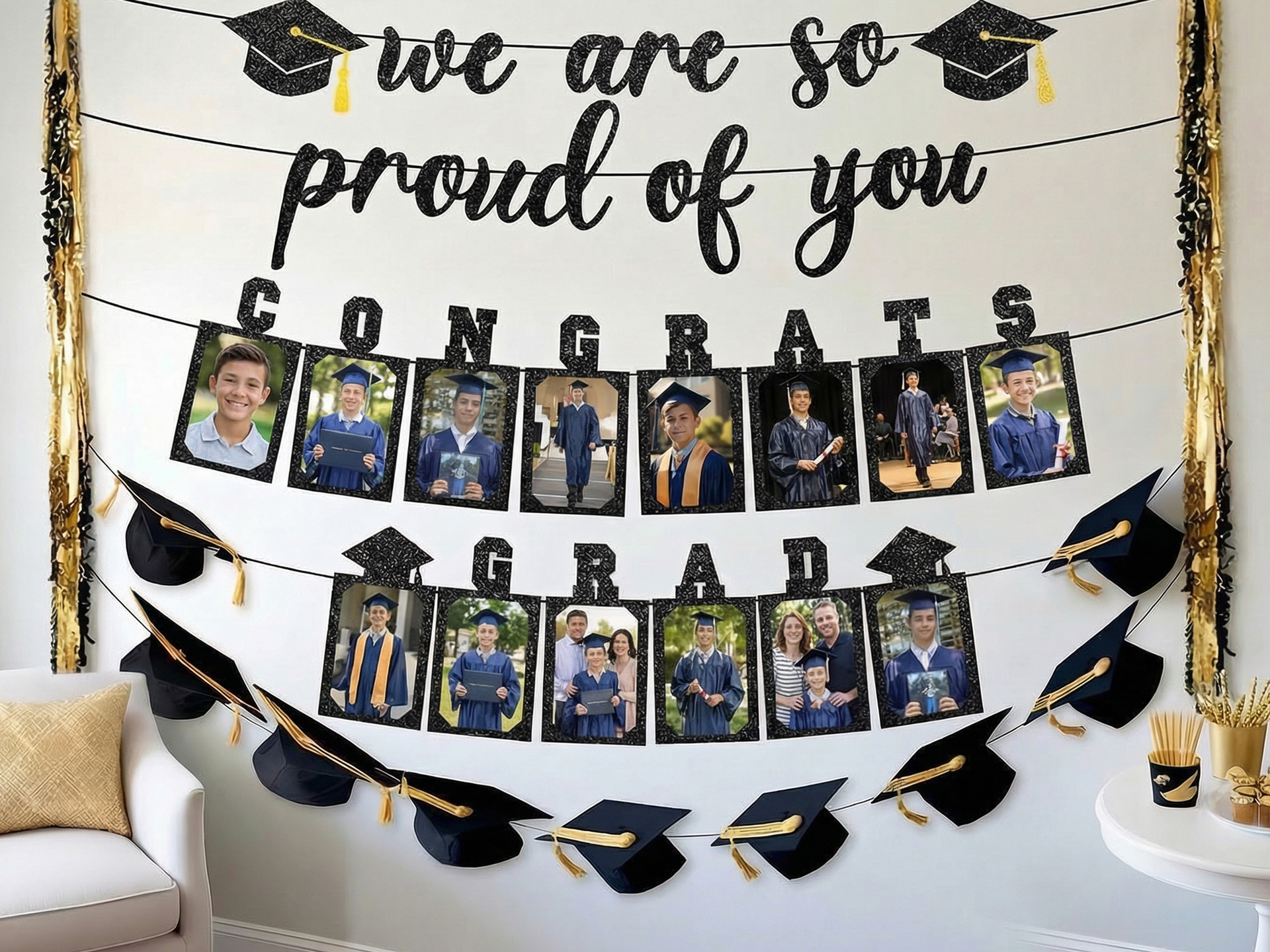 graduation-party-photo-wall-with-thematic-decorations
