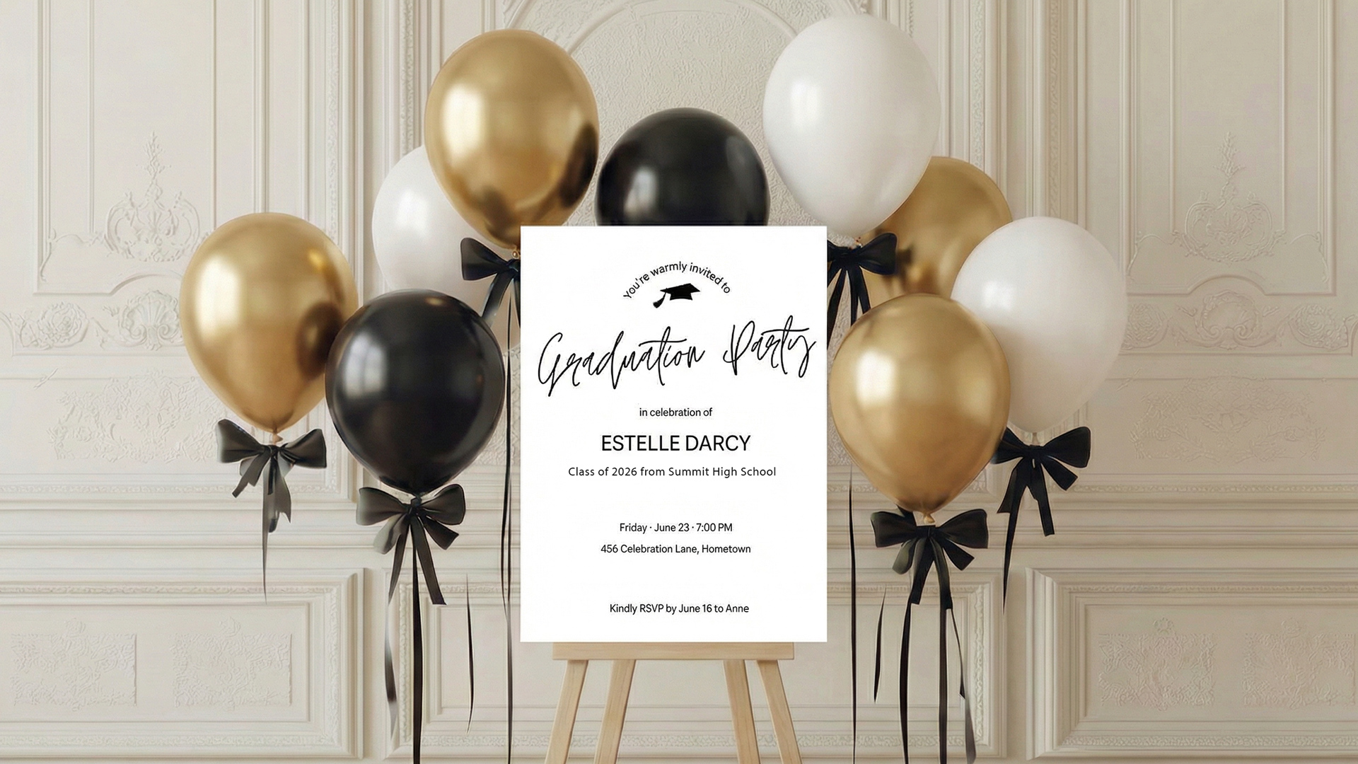grad-party-welcome-sign-on-easel-surrounded-white-balloons