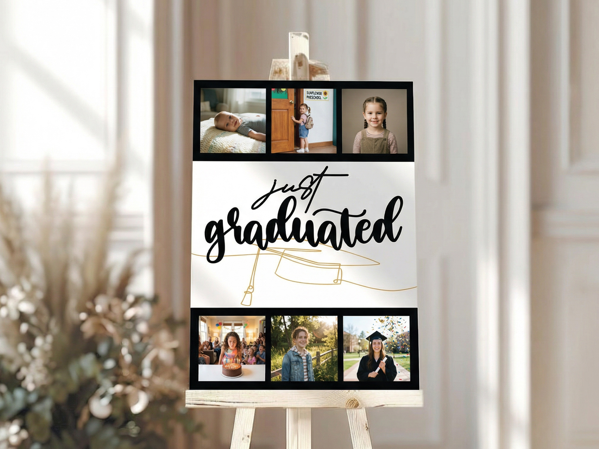photo-collage-board-on-easel-showing-childhood-to-graduate-photos