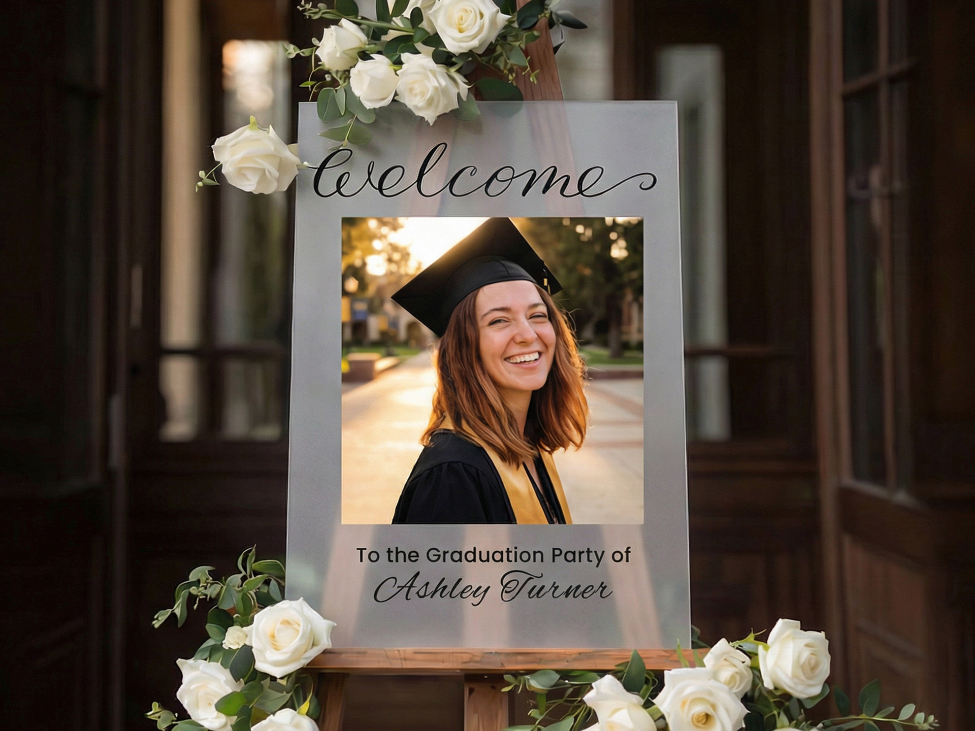custom-graduation-party-welcome-sign-with-graduate-photo-on-an-easel