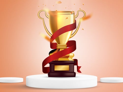 Halloween contest winner trophy with a red ribbon spiraling around it.