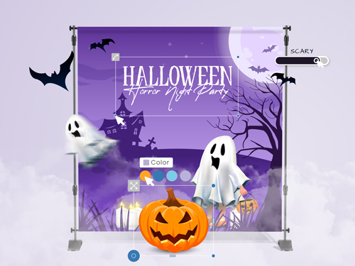 Halloween backdrop with elements flying off it to show design creativity.