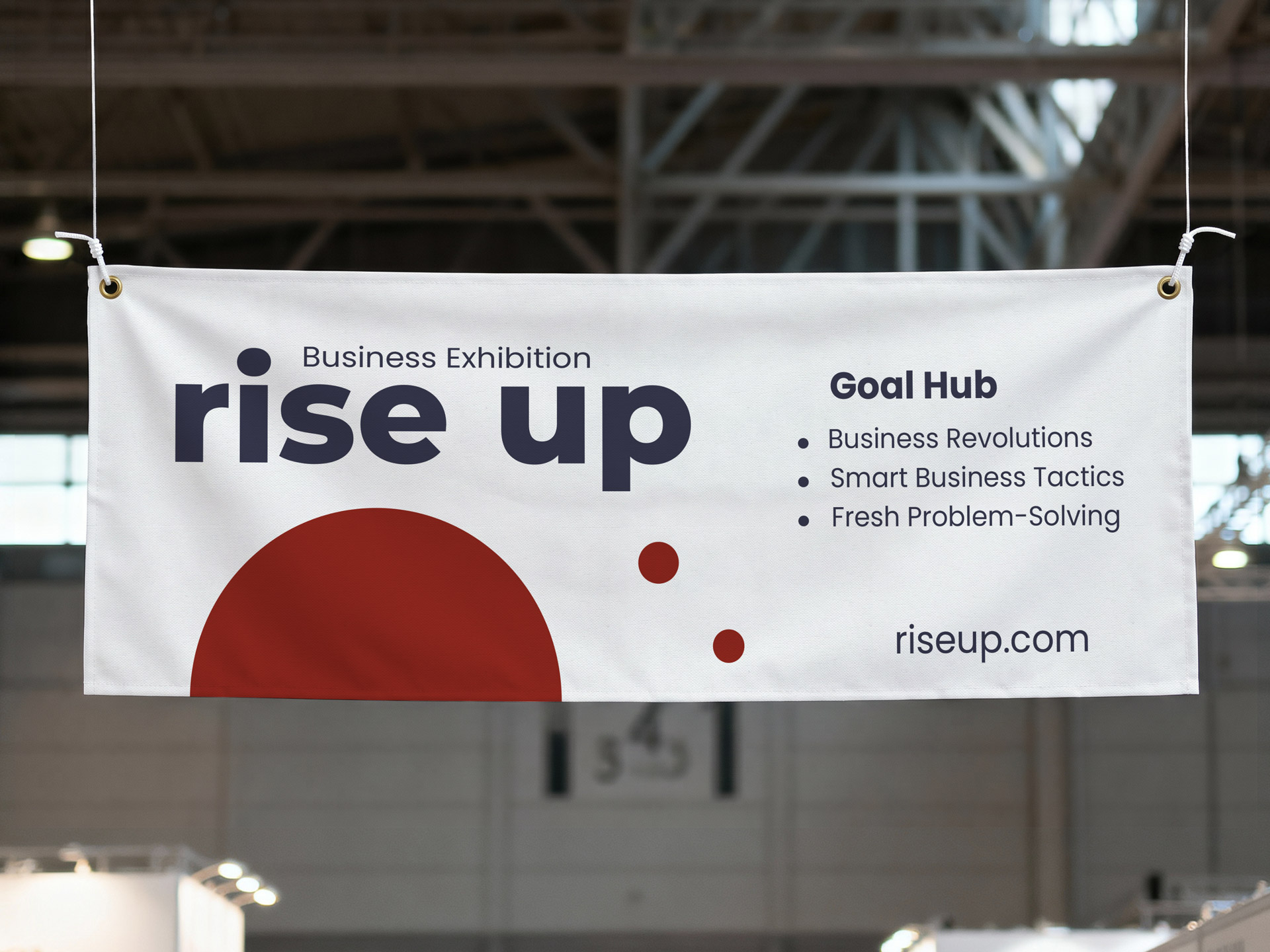 Printed vinyl banner featuring business exhibition information.