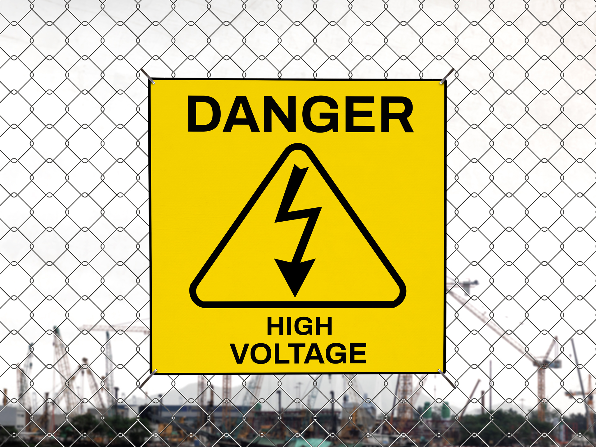 A high-voltage danger sign in black and yellow, mounted on a chain link fence