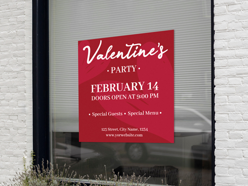 Valentine's Day party announcing window decal set against a red background.