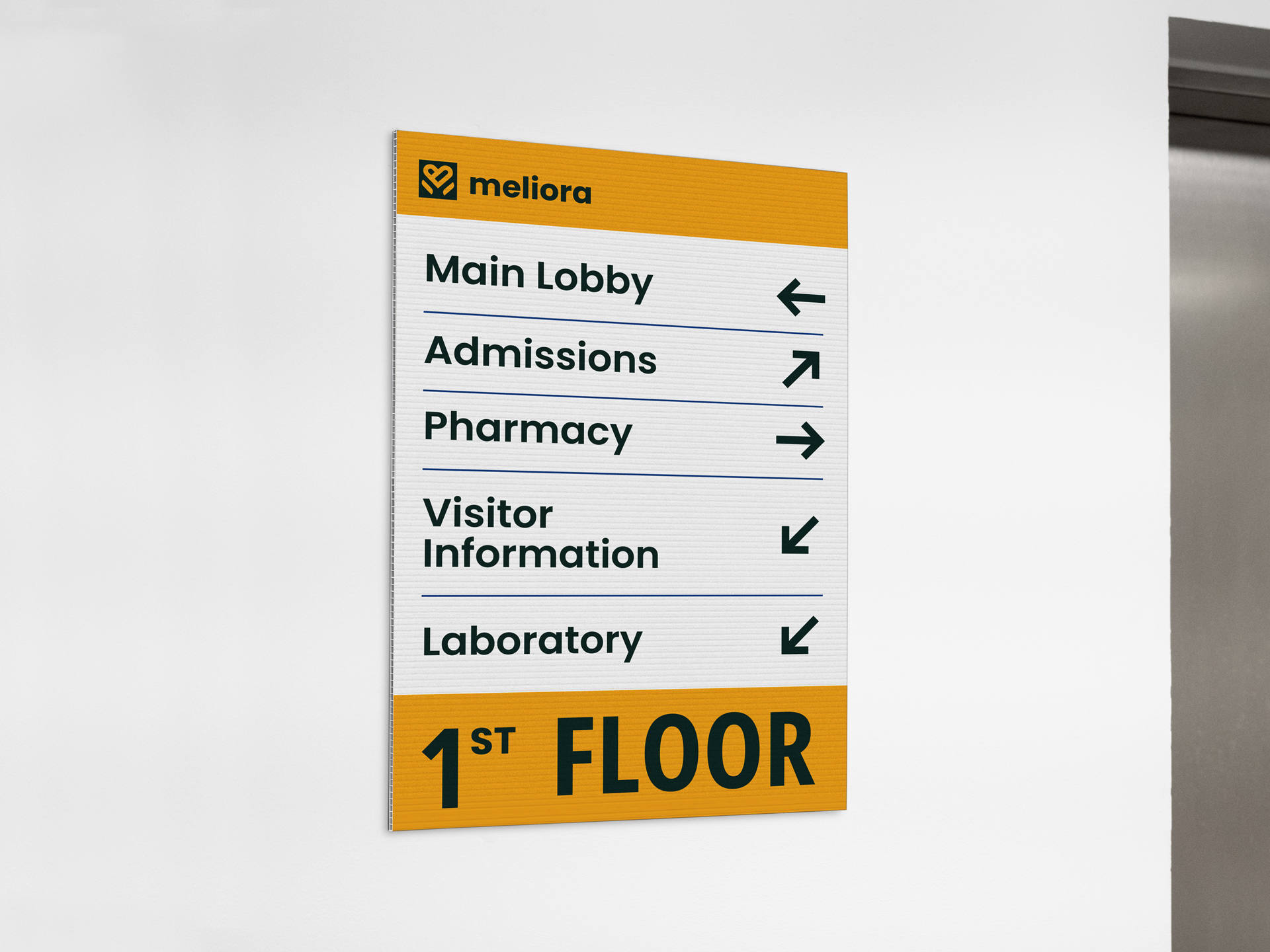 directional corrugated sign printing with arrows pointing to various departments