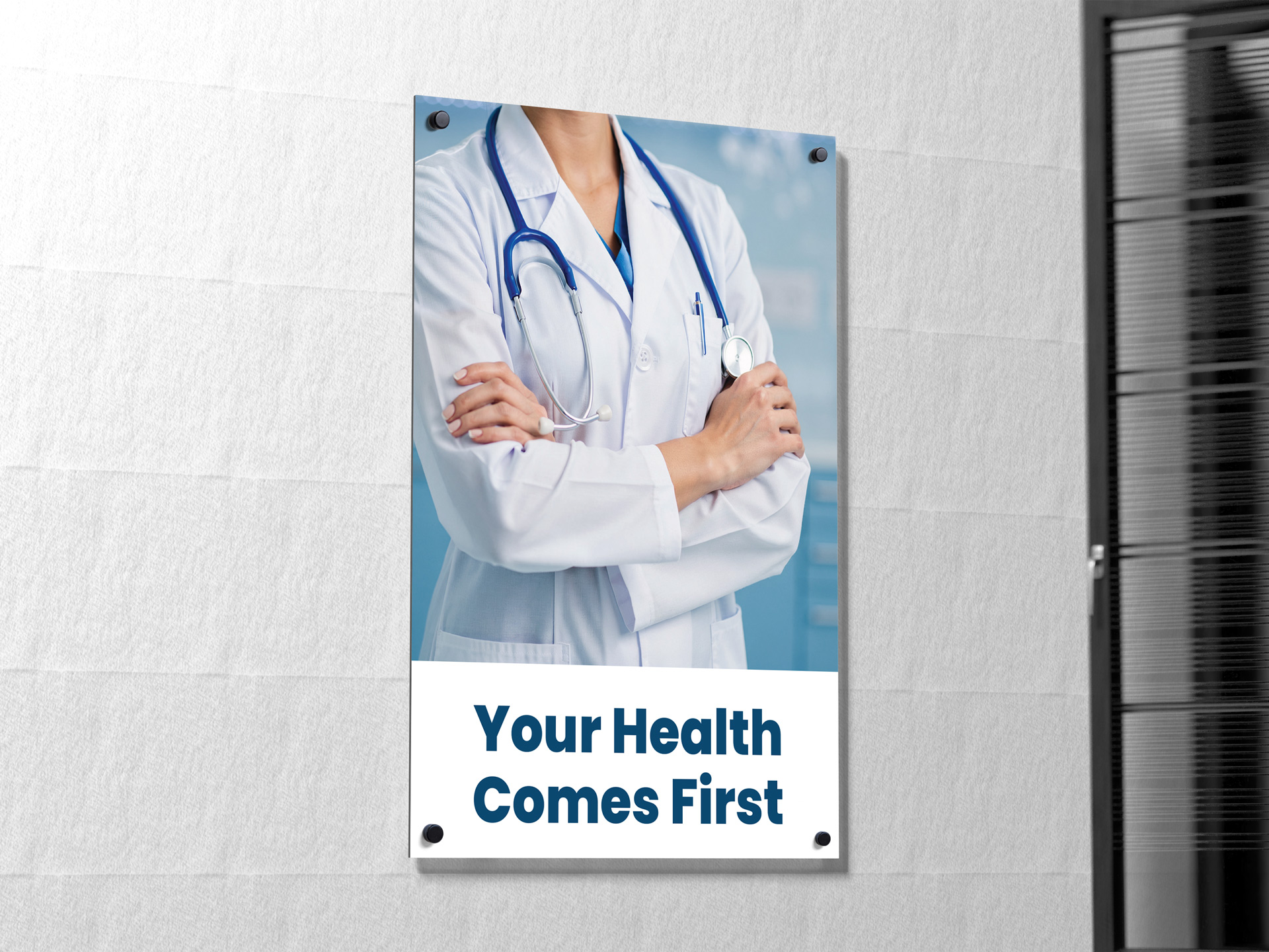 Wall-mounted aluminum photo print in a hospital.