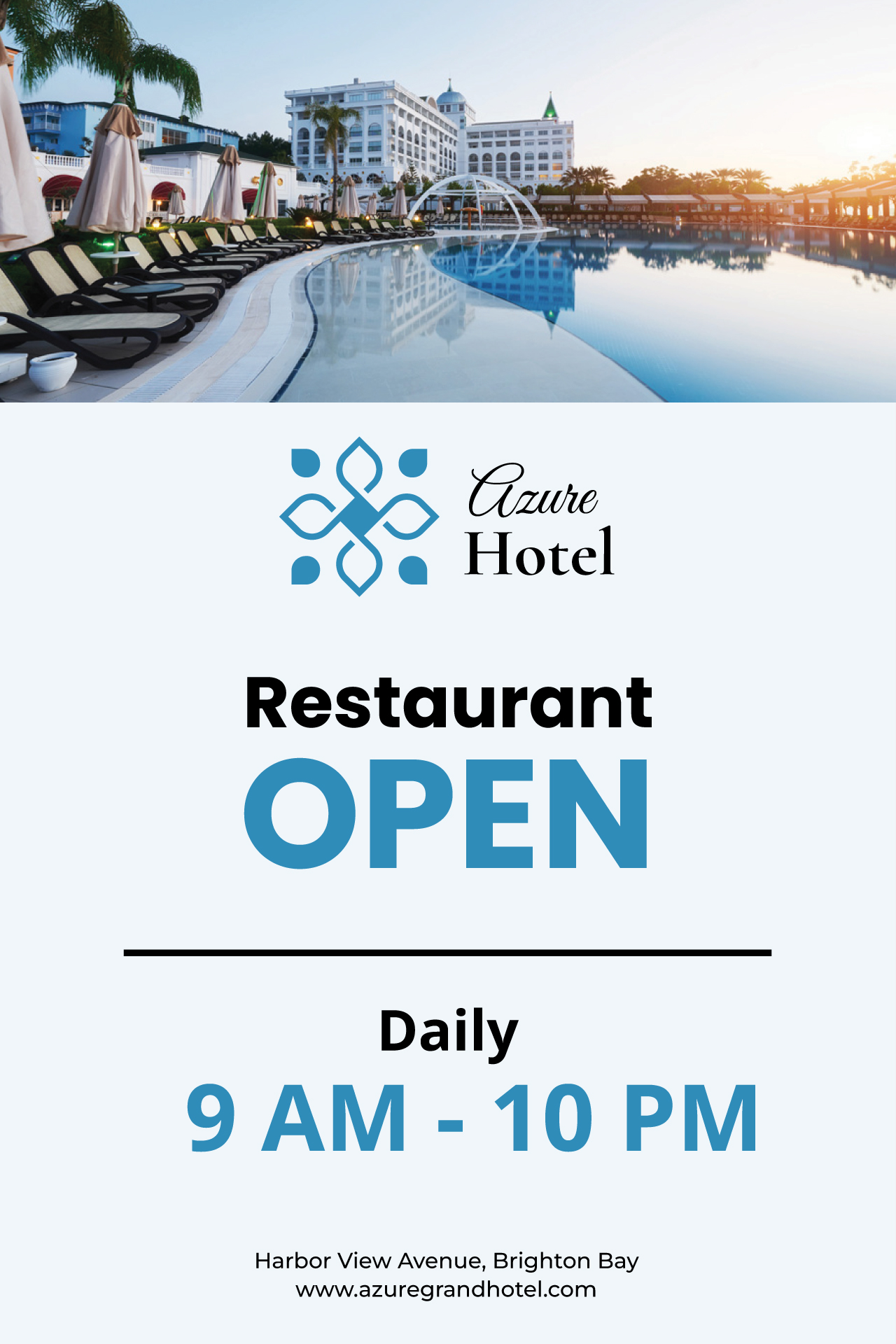 Hotel restaurant open hours sign template with daily hours and address.
